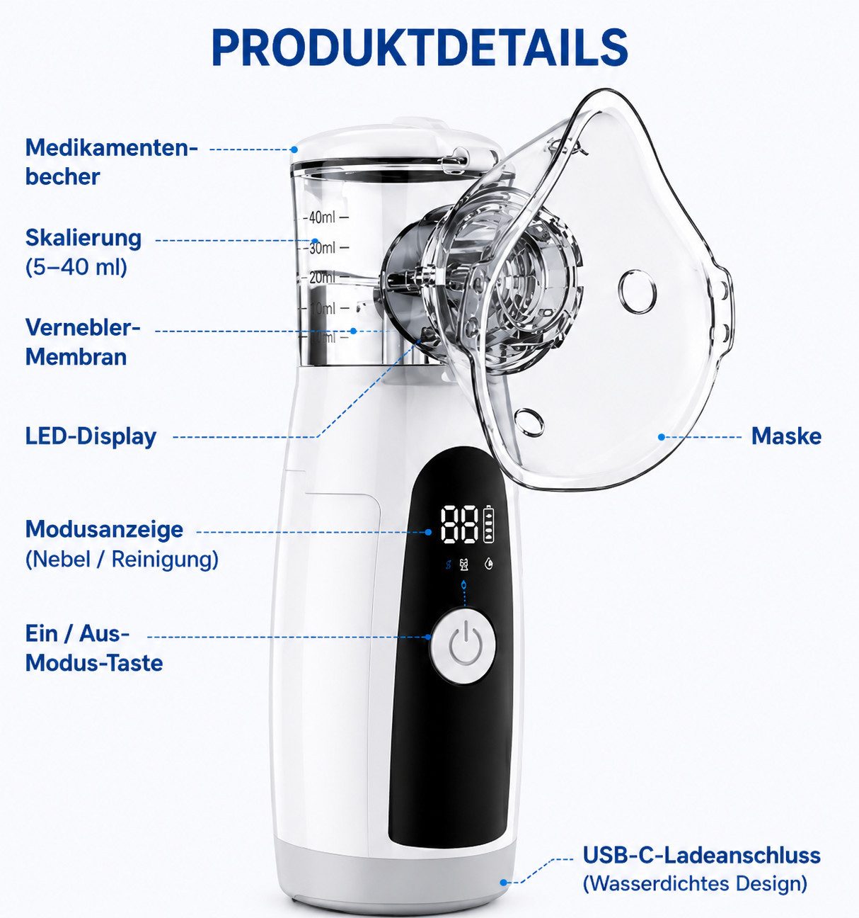 ibettertec Inhalationsgerät Inhalationsgerät Elektrischer Inhalator, Leises Vernebler Inhaliergerät für Erwachsene, Kinder & Babys, Ultraschall Nebulizer bei Erkältung, Schnupfen & Allergie, Tragbar, Kompakt & Leicht zu Reinigen