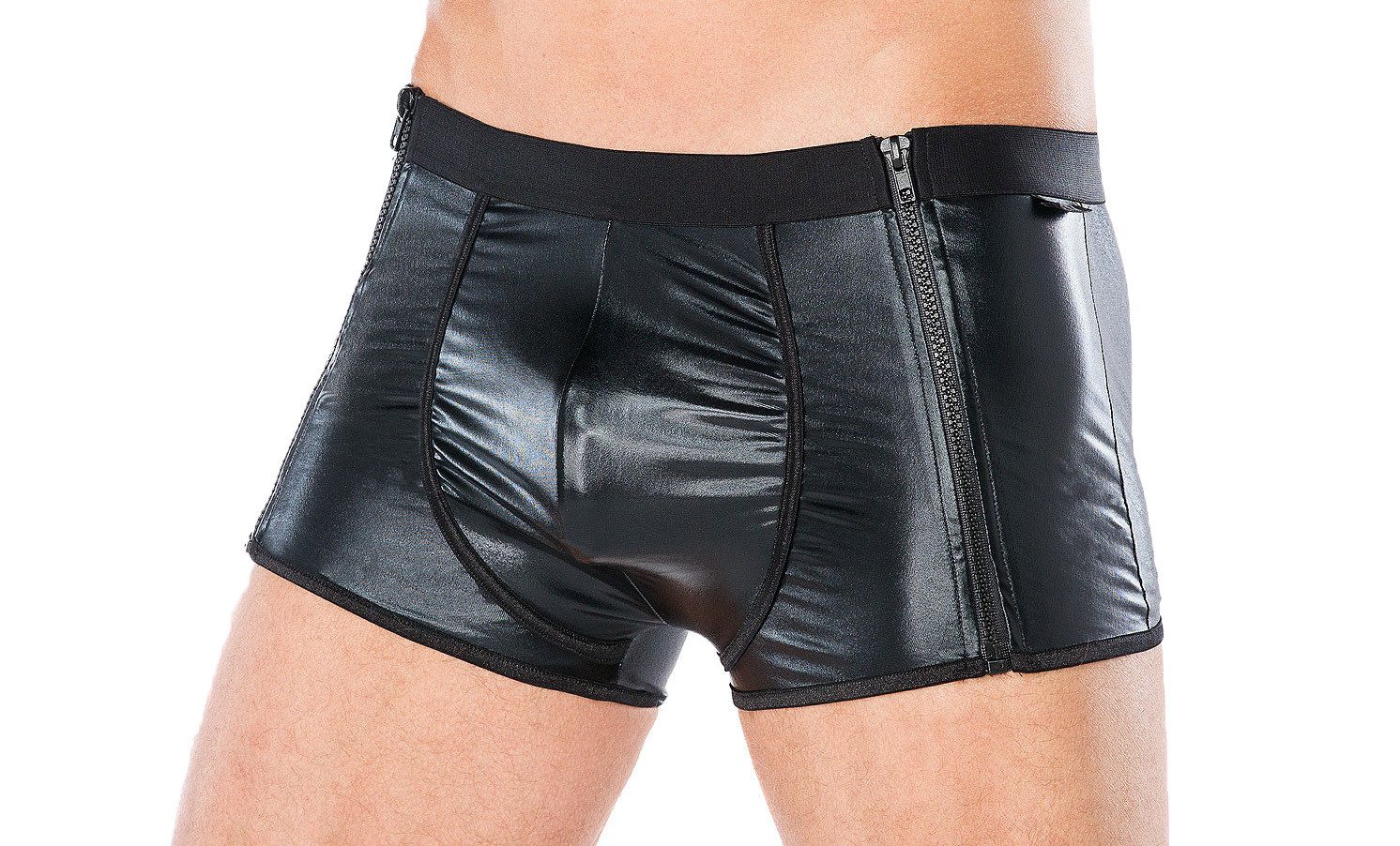 Boxershorts Herren Dessous Boxershorts schwarz aus wetlook Material Reißverschluß