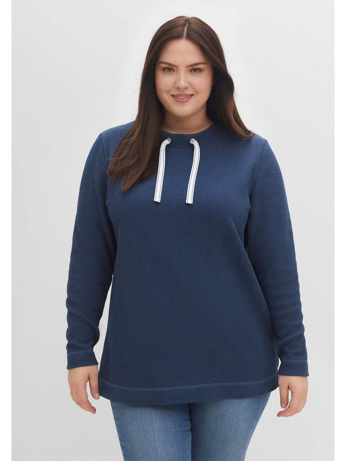 Sheego Sweatshirt Große Größen aus Waffelpiqué, Tunnelzug am Ausschnitt indigo meliert | Sweatshirts