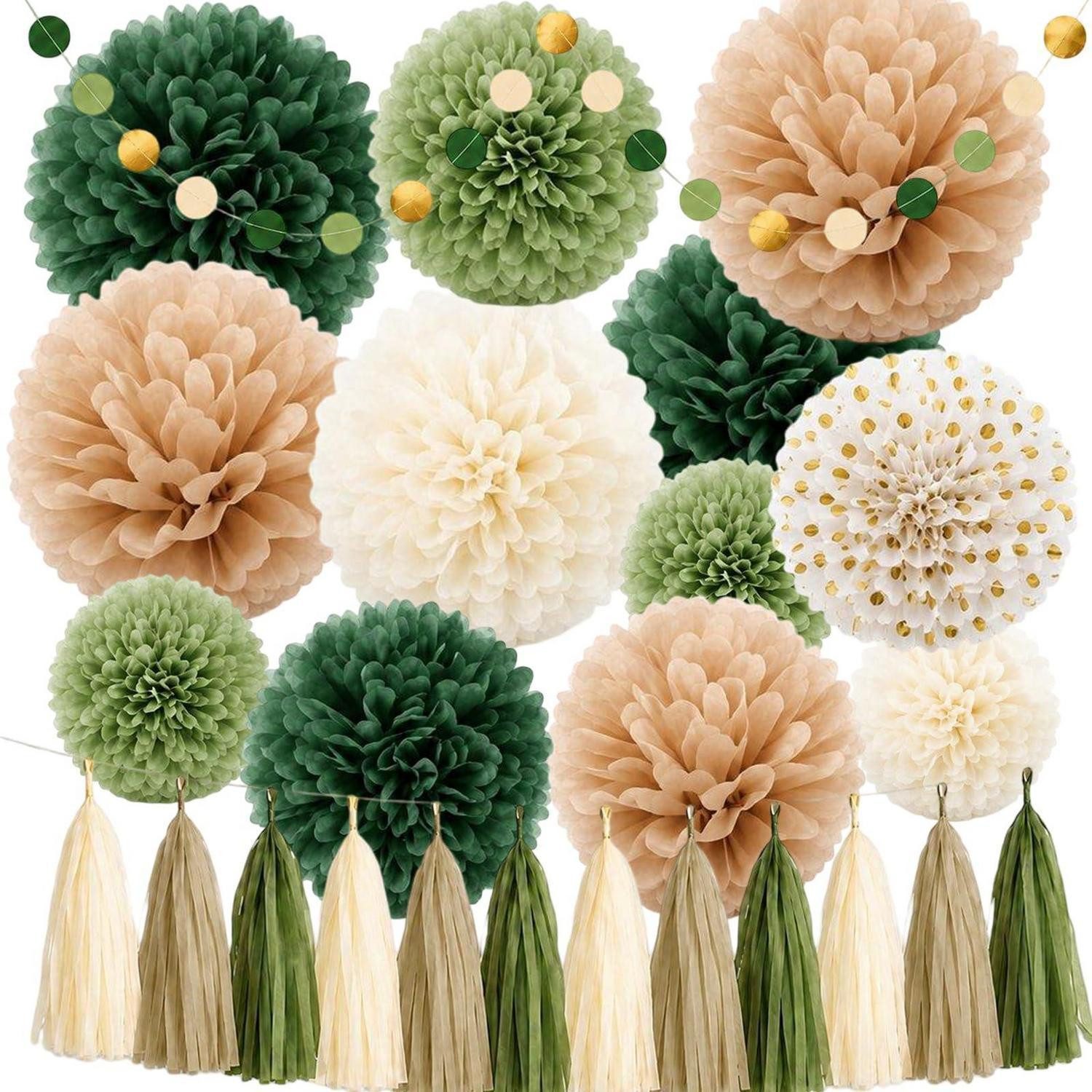 LuxusKollektion Girlande 14-tlg Party Deko Set Salbeigrün, Pompons & Girlande