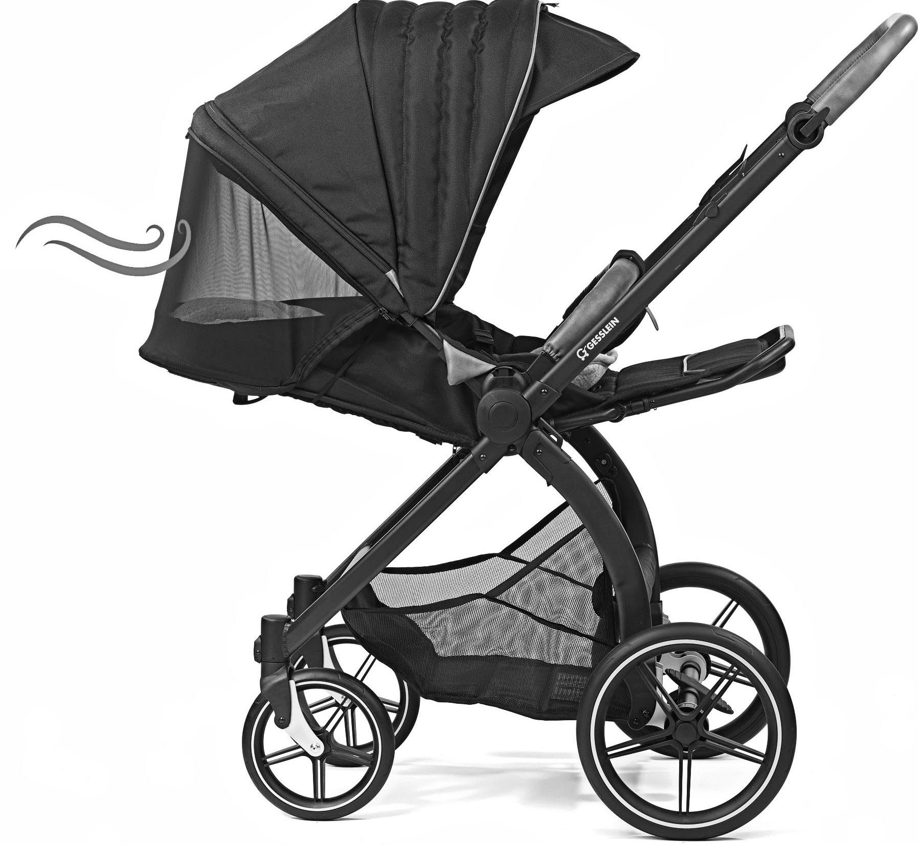 Gesslein Kombi-Kinderwagen FX4 Soft+ schwarz, Aufsatz mit mit und C3 aqua mint, Swing Babyschalenadapter Babywanne