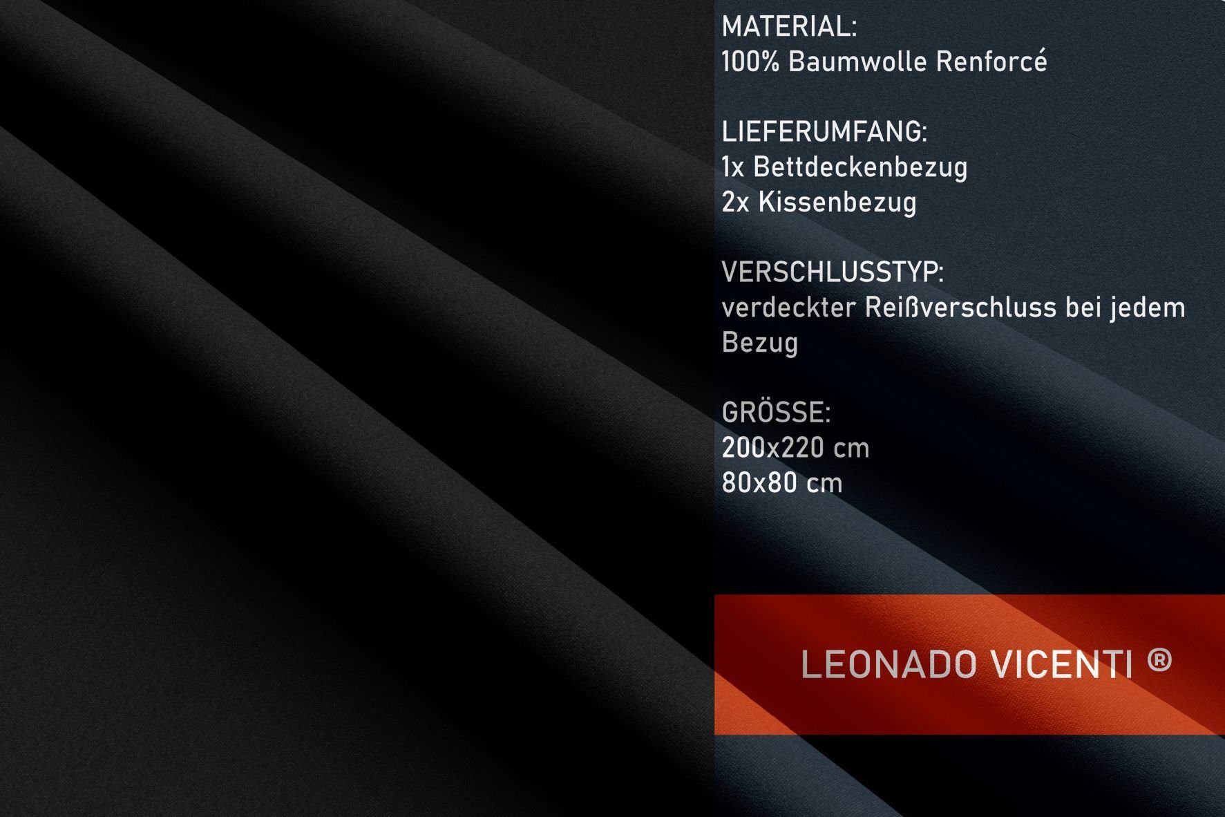 Leonado Vicenti Bettwäsche Baumwolle 135x200, 155x200, 155x220, 200x200, 200x220 oder 240x220, Renforcé, 3 teilig, Einfarbig mit Reißverschluss – Bild 4 von 5