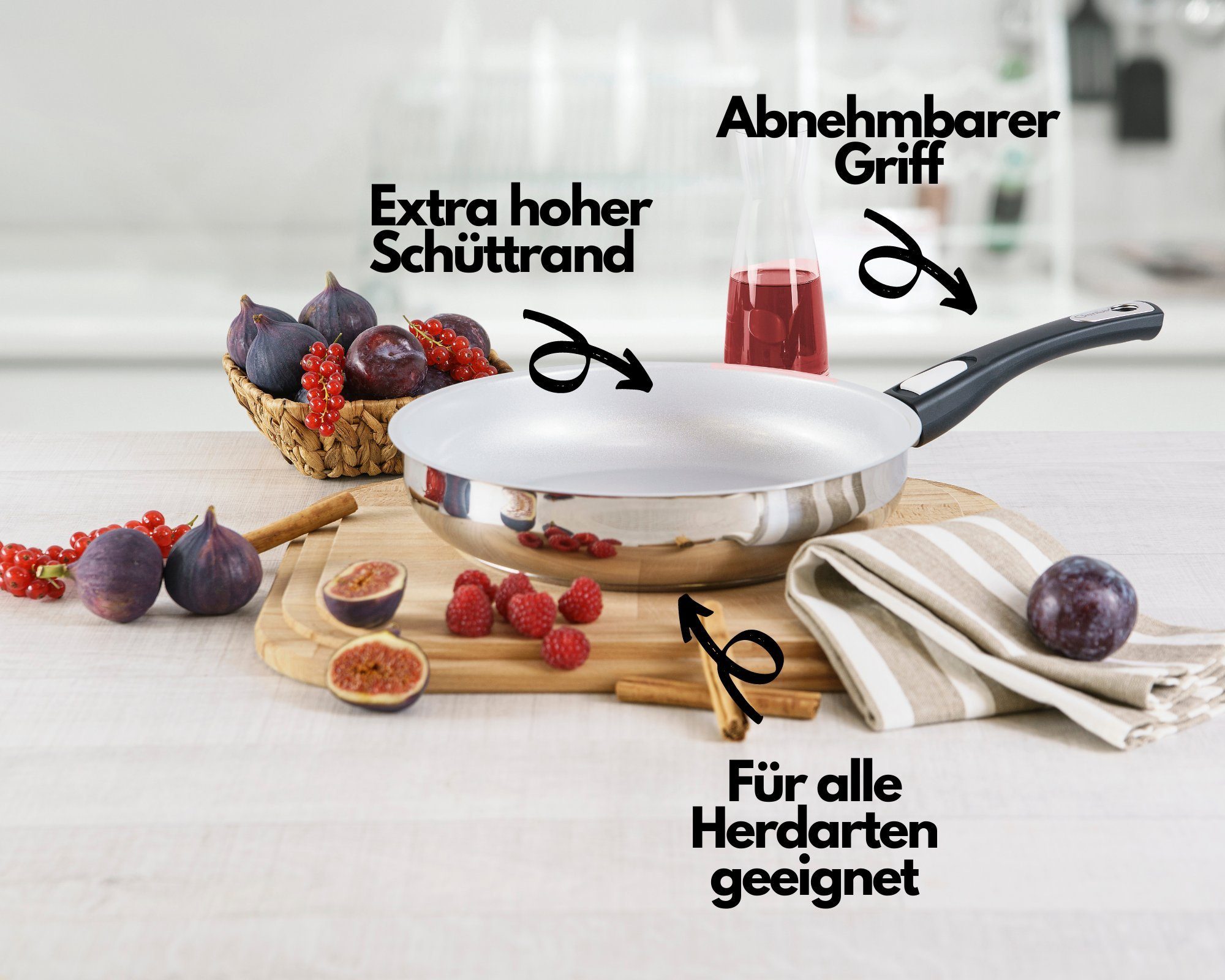 Genius Wok Cerafit Steel Wokpfanne 28 cm, Aluminium (1 Bratpfanne),  Antihaft-Beschichtung, für alle Herdarten, induktionsgeeignet, abnehmbarer  Griff, spülmaschinengeeignet, Speisen können nahezu ohne Fett oder Öl  zubereitet werden