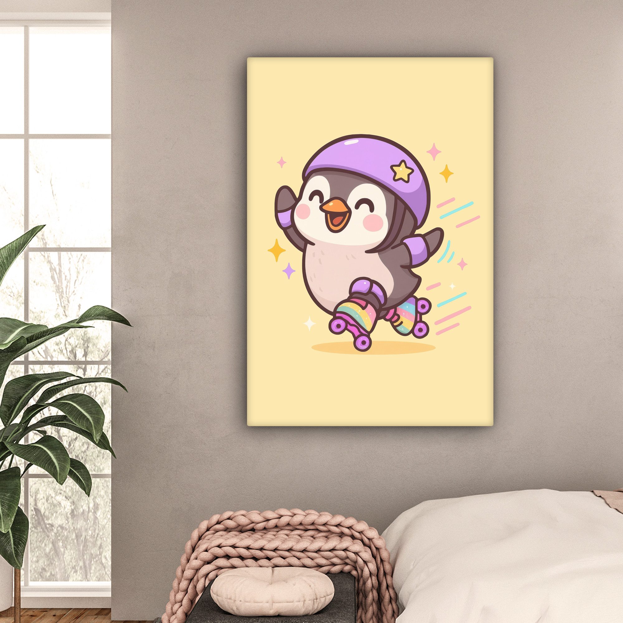 OneMillionCanvasses® Leinwandbild Pinguin - Rollschuhe - Gelb - Energetisch, Fotodruck (1 St), Leinwandbilder XXL für Wohnzimmer 90x140 cm