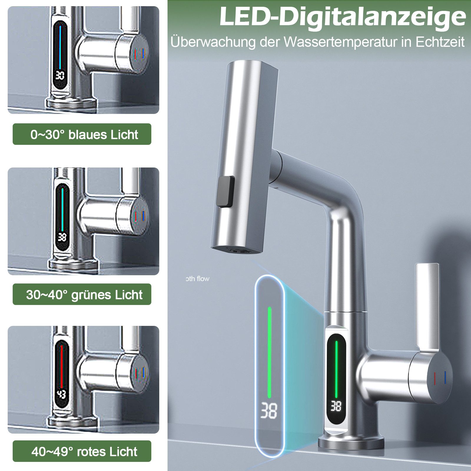 Thumbnail - TWSOUL Küchenarmatur Ausziehbar Wasserhahn mit LED Temperaturanzeige, 360° Schwenkbar Spültischarmatur, Wasserkraft, Was...