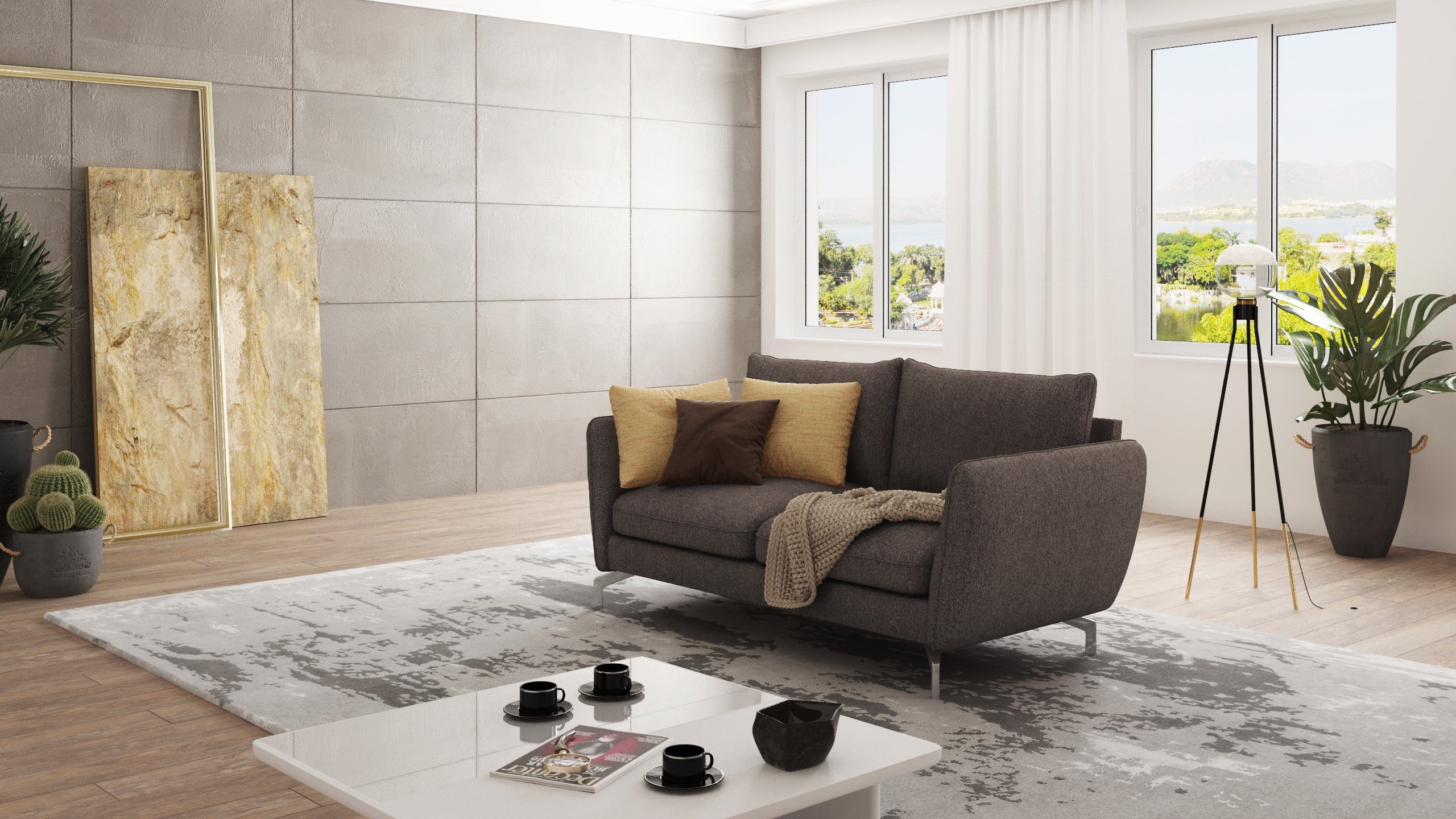 S-Style Möbel 2-Sitzer Wellenfederung - Modernes mit Khaki Silber Braun Metall Benita mit Füßen, Sofa