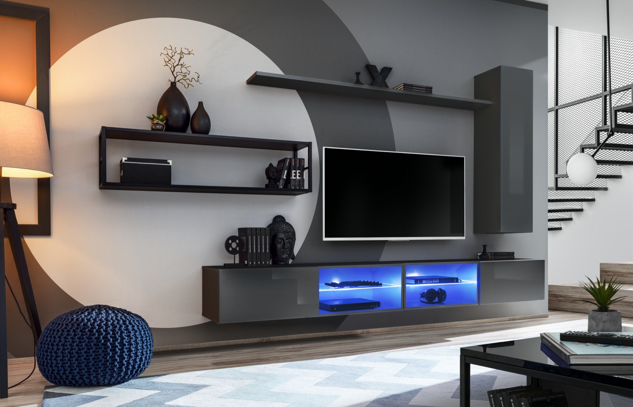 JVmoebel Wohnwand Grau Wohnwand Wohnzimmermöbel Luxus TV Ständer Wandschrank Regale Neu, (5-St., 2x TV Ständer + Wandschrank + 2x Wandregal), LED beleuchtet