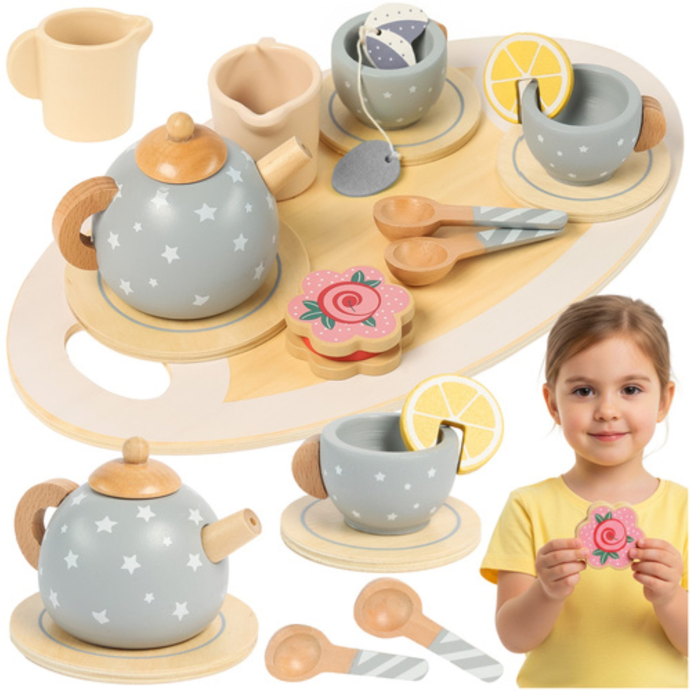 KRUZZEL Spielküche Teeservice Holz Kinderküchenset Tablett Teekanne Tassen Löffel, Rollenspiel fördernd Fördert Feinmotorik Soziales Lernen