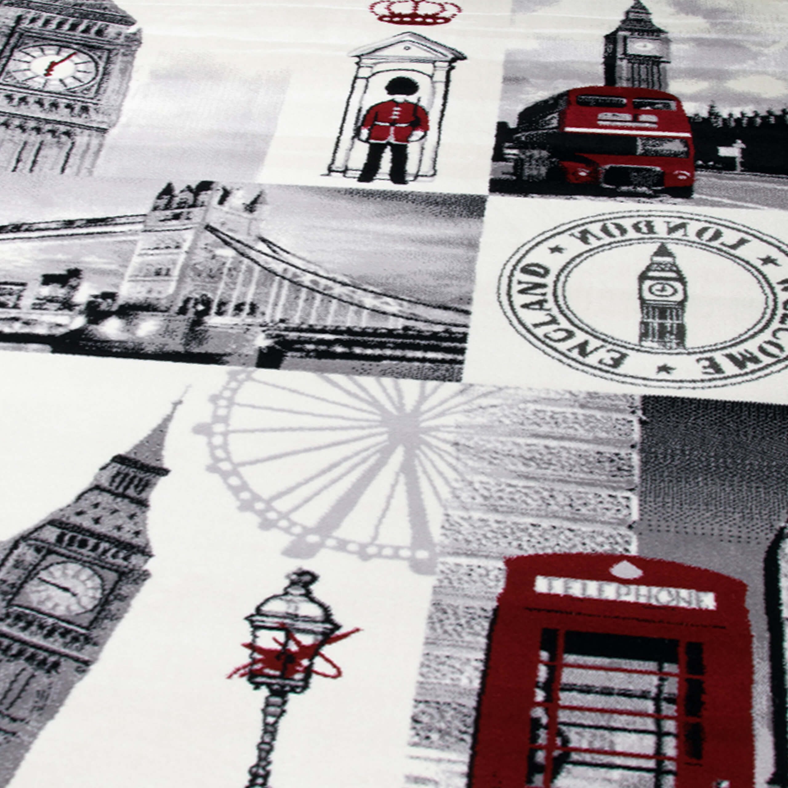 Carpetia Teppich Designteppich London Patchwork Creme Grau mit roten Highlights, rechteckig