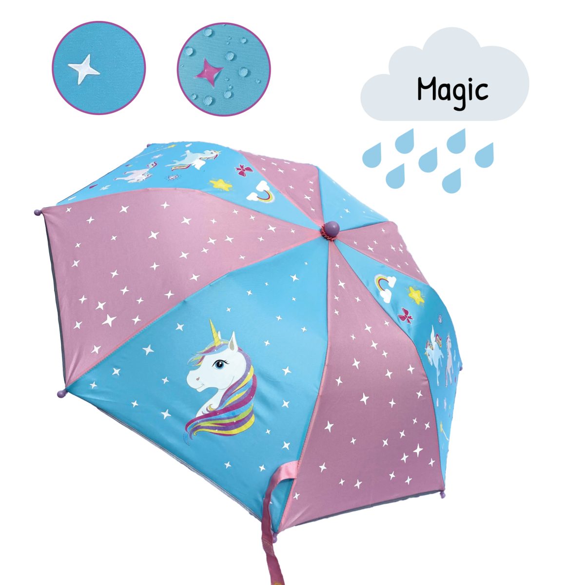 Kinder Einhorn, Regenschirm wechselt HECKBO Regen Magic - Taschenregenschirm die Farbe bei