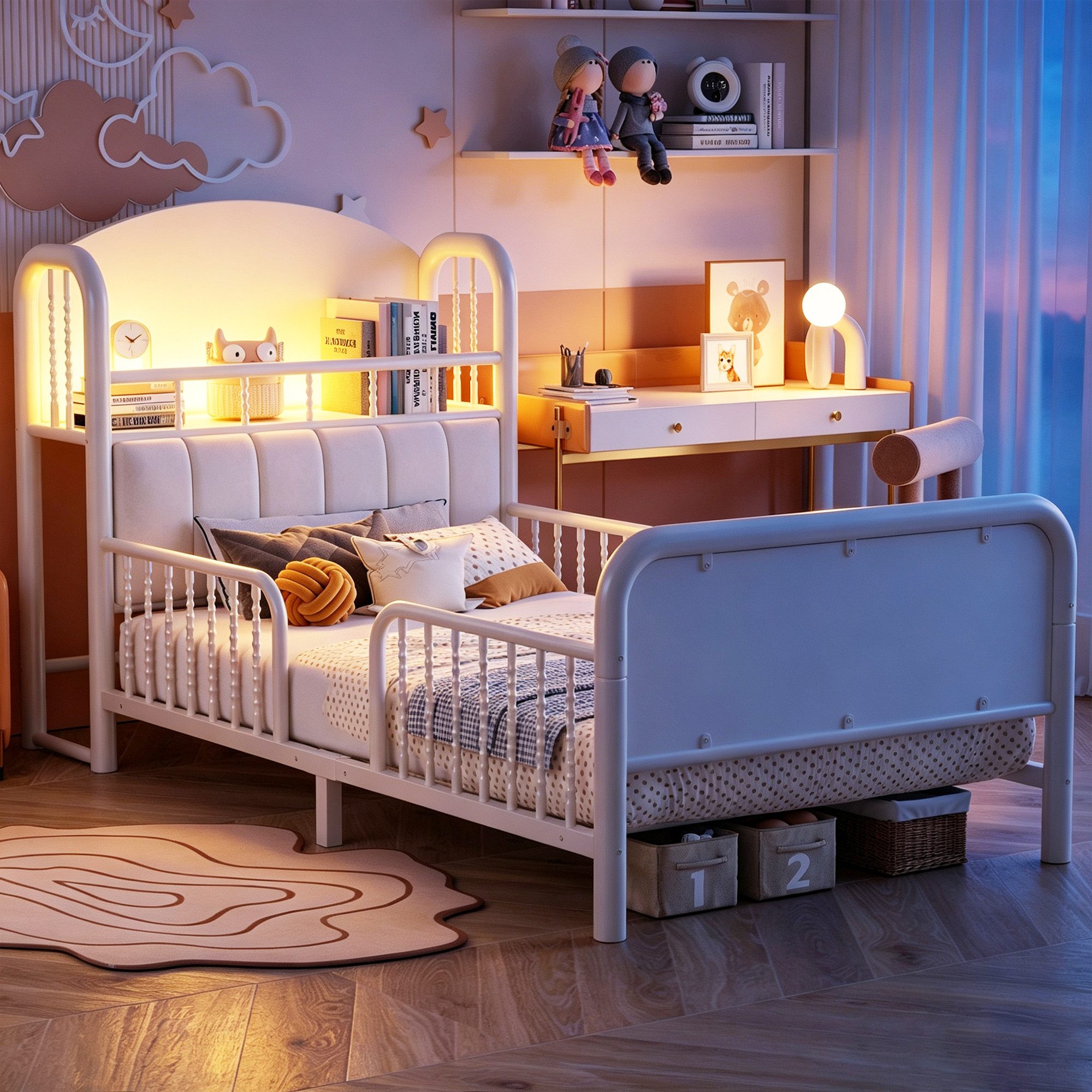 Odikalo Kinderbett Metall-Jugend Einzelbett 90x200 mit durchgehendem Sicherheitsgitter (mit Ablagefach LED-Lichtleiste gepolstertem Kopfteil modernes Schlafzimmermöbel Weiß)