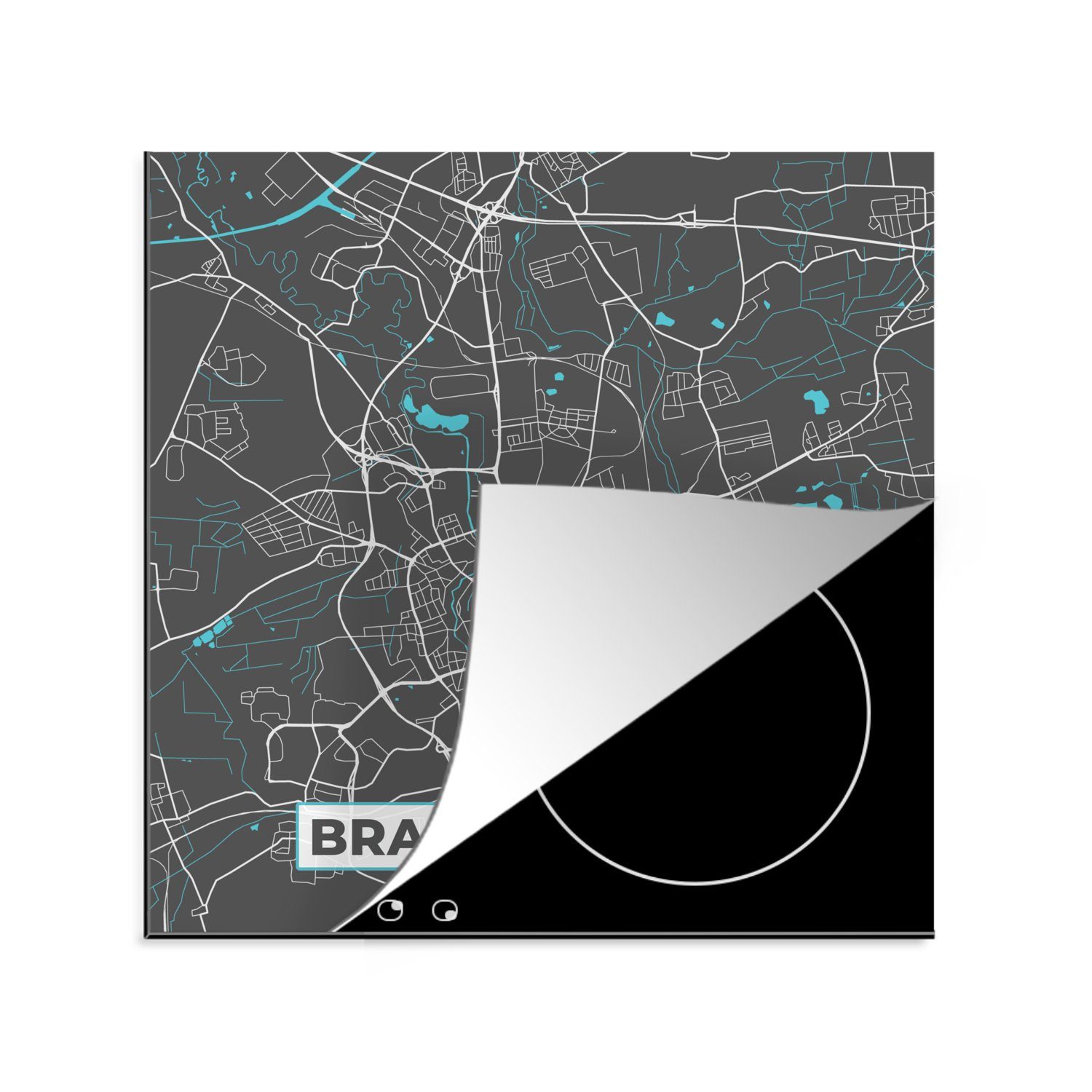tlg), Arbeitsplatte - 78x78 Herdblende-/Abdeckplatte - cm, - Karte, (1 Braunschweig Ceranfeldabdeckung, Stadtplan Vinyl, küche Blau Deutschland für MuchoWow -