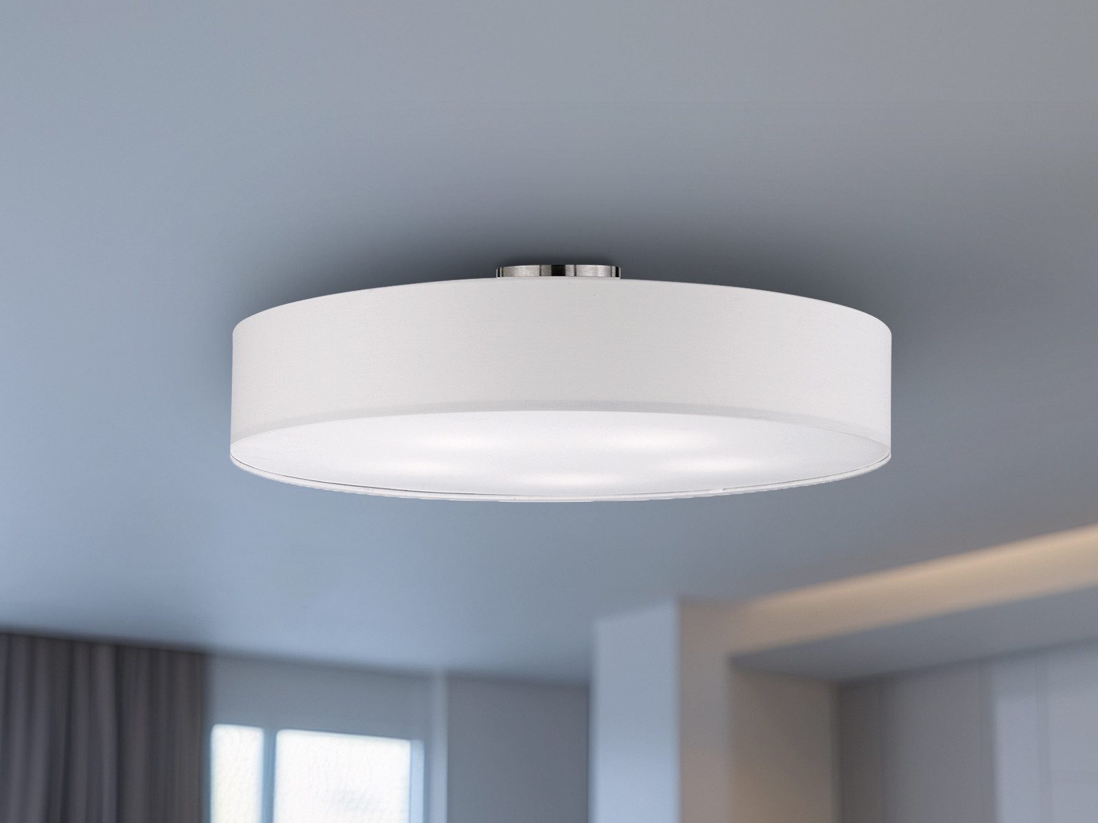TRIO Leuchten LED Deckenleuchte mit Stoffschirm & Blendschutz Ø 65cm, LED wechselbar, Warmweiß, große Designklassiker Deckenlampe Stoff Lampenschirm mit Leuchtmitteln