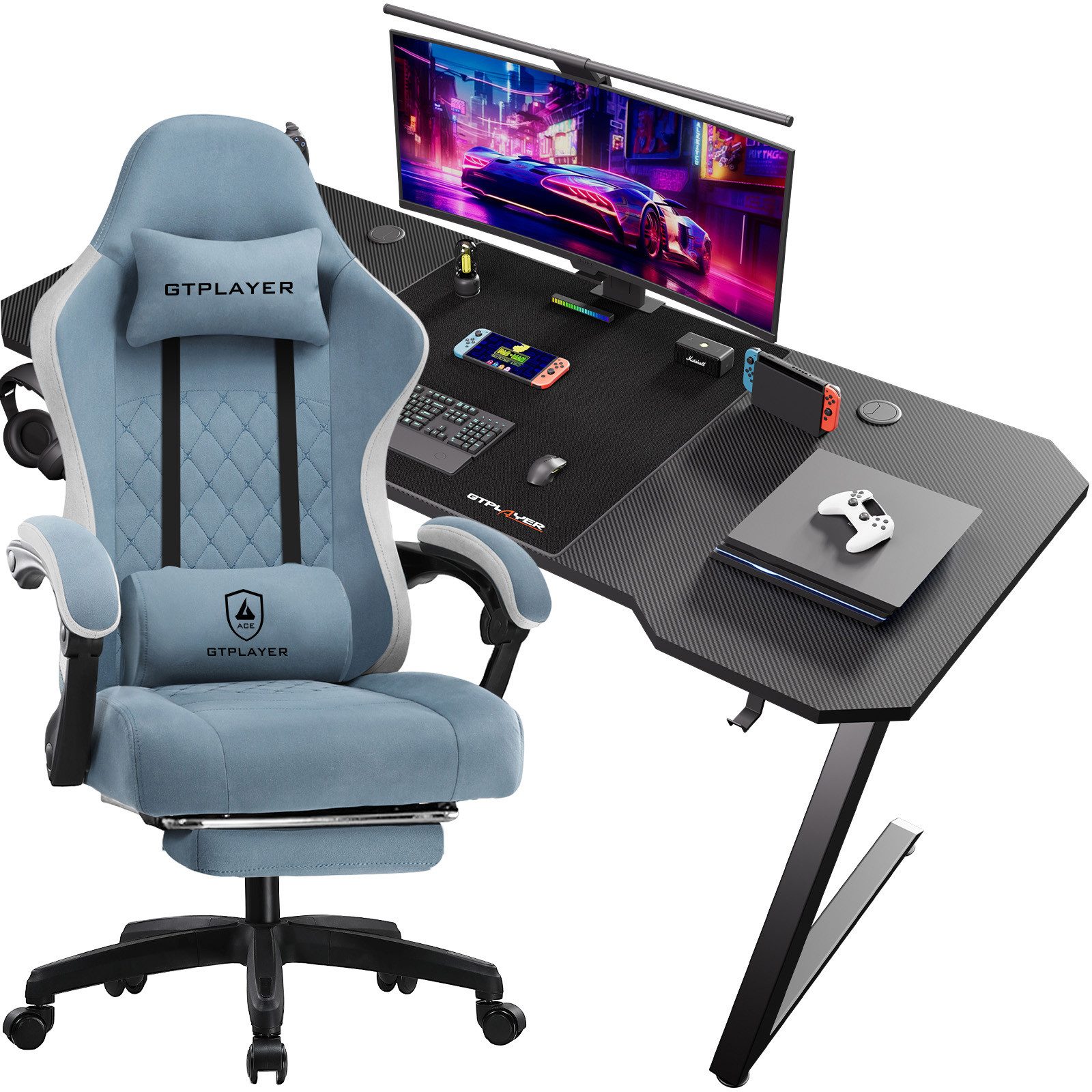 GTPLAYER Gaming-Stuhl Ergonomischer Gaming Sessel Schreibtischstuhl aus Stoff/Kunstleder (Pacekung), Federsitzkissen mit Fußstütze