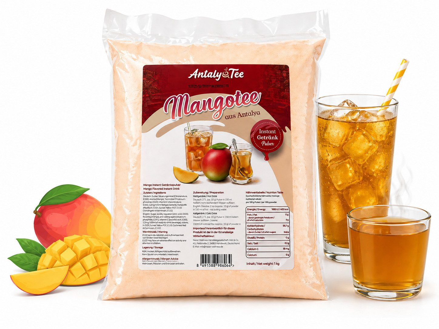Tee Mango Instant Getränkepulver 1 kg – türkischer Tee aus Antalya, schnell löslich, feines Pulver