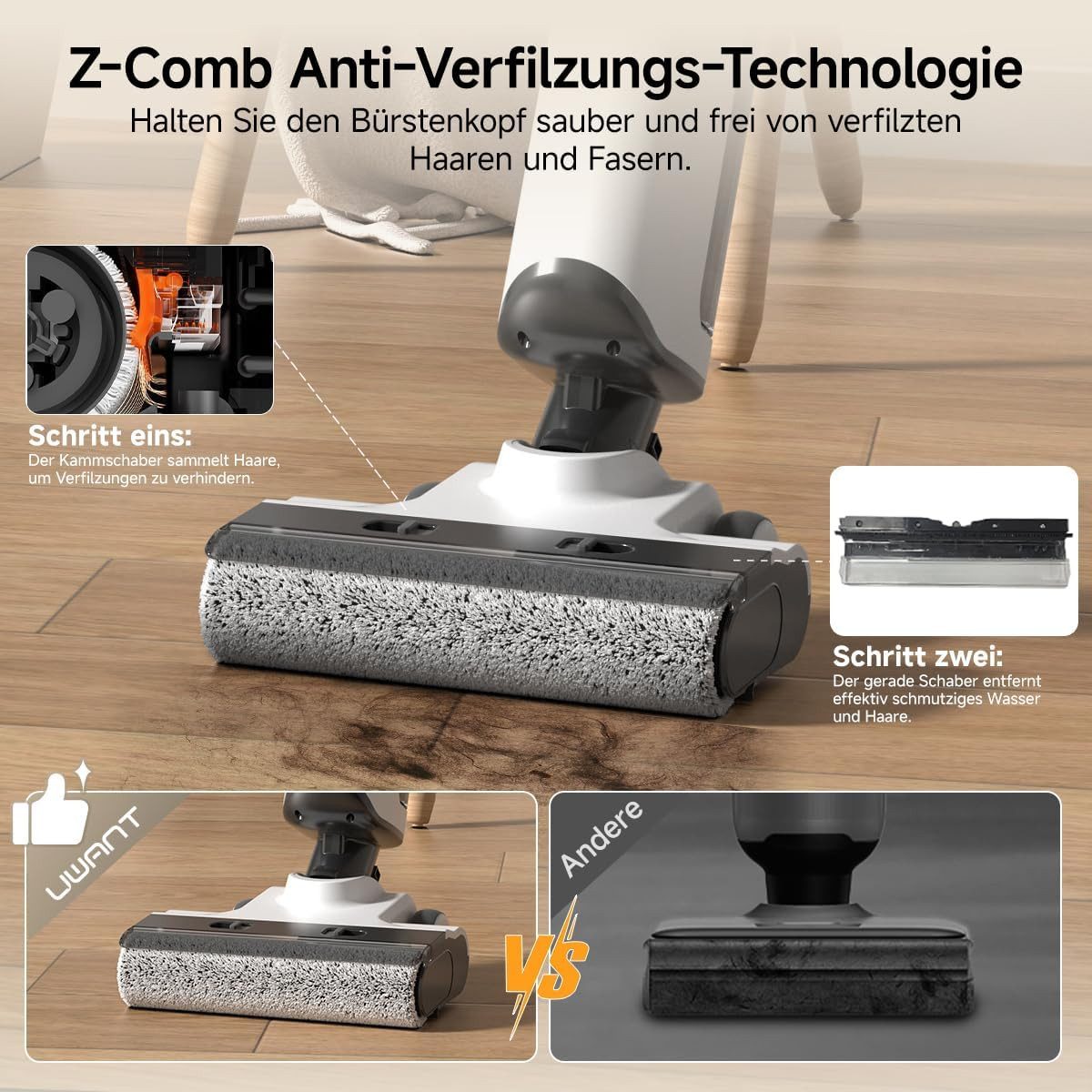 UWANT Nass-Trocken-Akkusauger D500 Echtzeit-Elektrolysewasser zur Geruchsbeseitigung, 230 W, Sofortige Wasser-Elektrolyse, 65°C Leis Heißtrocknung,IPX6 wasserdichte Bodenbürste