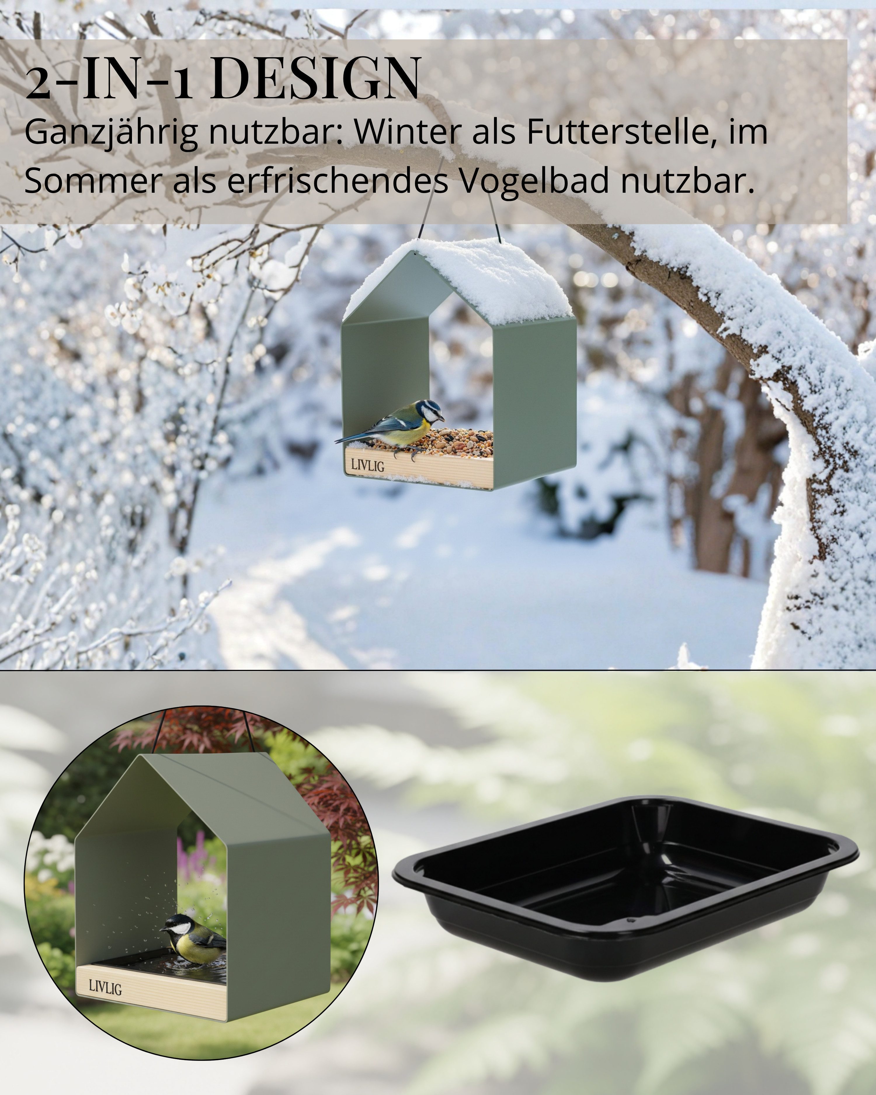 LIVLIG Vogelhaus Modernes Vogelfutterhaus, Vogelhaus zum Aufhängen aus Metall, Vogelfutterhaus & Vogeltränke zum Aufhängen oder Hinstellen