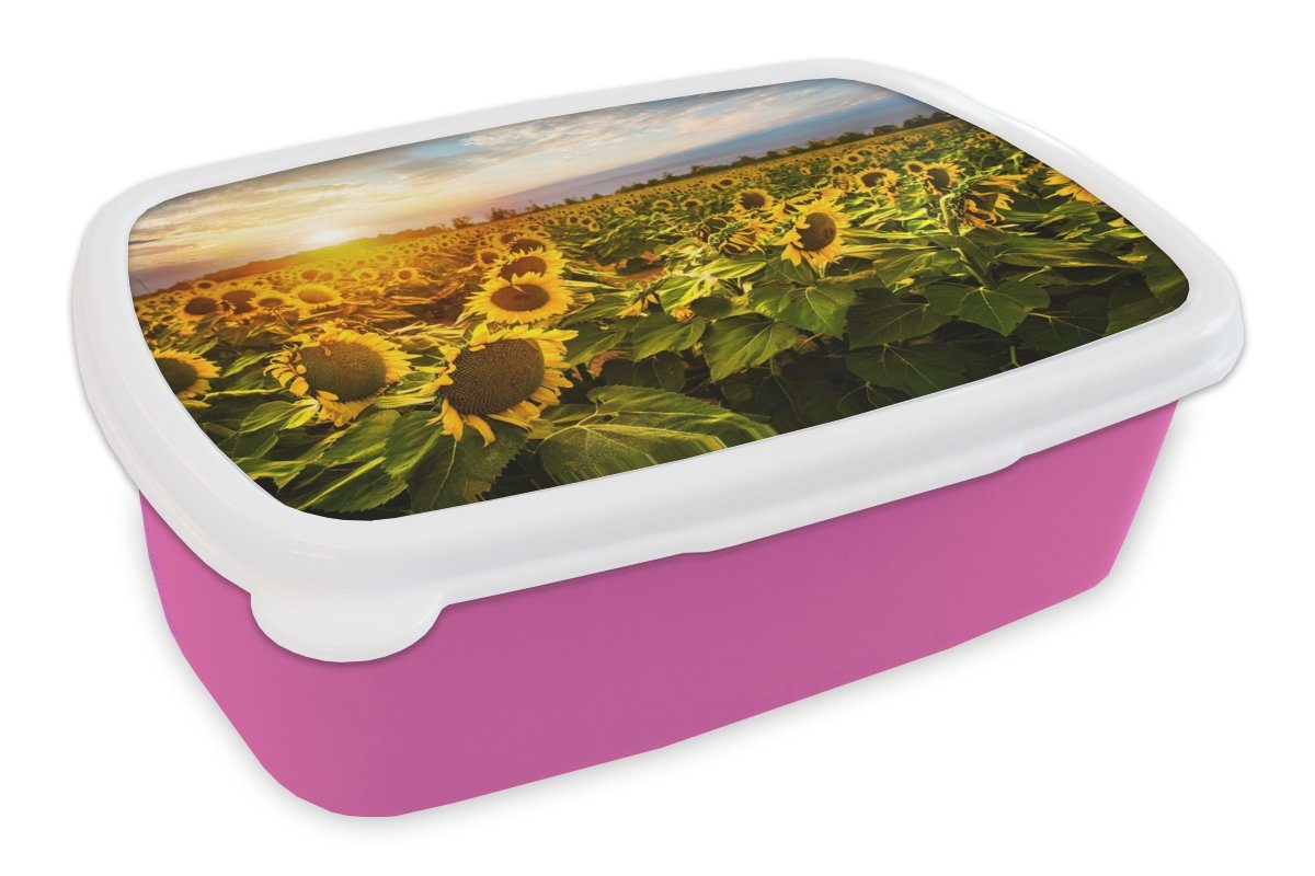 MuchoWow Lunchbox Blumen - Sonnenblume - Himmel, Kunststoff, (2-tlg), Brotbox für Erwachsene, Brotdose Kinder, Snackbox, Mädchen, Kunststoff rosa