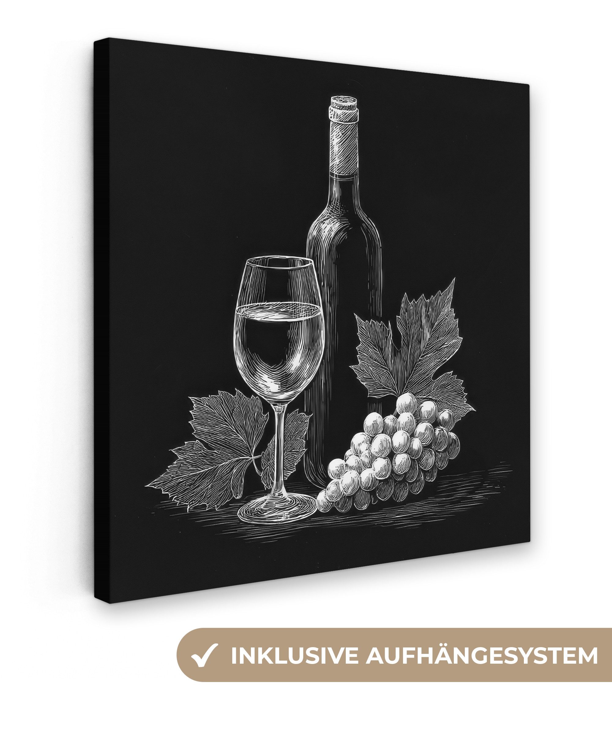 OneMillionCanvasses® Leinwandbild Weinflasche - Glas - Weintrauben - Blätter, Fotodruck (1 St), Wandbild, Deko Schlafzimmer Wohnzimmer Flur 20x20 cm