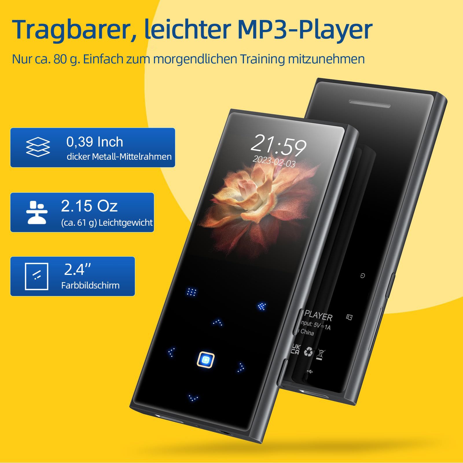 Tekoo MP3-Player mit Bluetooth 5.3, 32GB intern, Diktiergerät, FM-Radio MP3-Player (32 GB, BT 5.3, Line-In Rec., Metallgehäuse, 49h Akku)