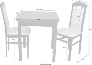 HOFMANN LIVING AND MORE Essgruppe Creto, (Spar-Set, 3-tlg., 1 Tisch, 2 Stühle), Stuhlgestell und Tischbeine aus Massivholz, Tisch mit 2 Ansteckplatten