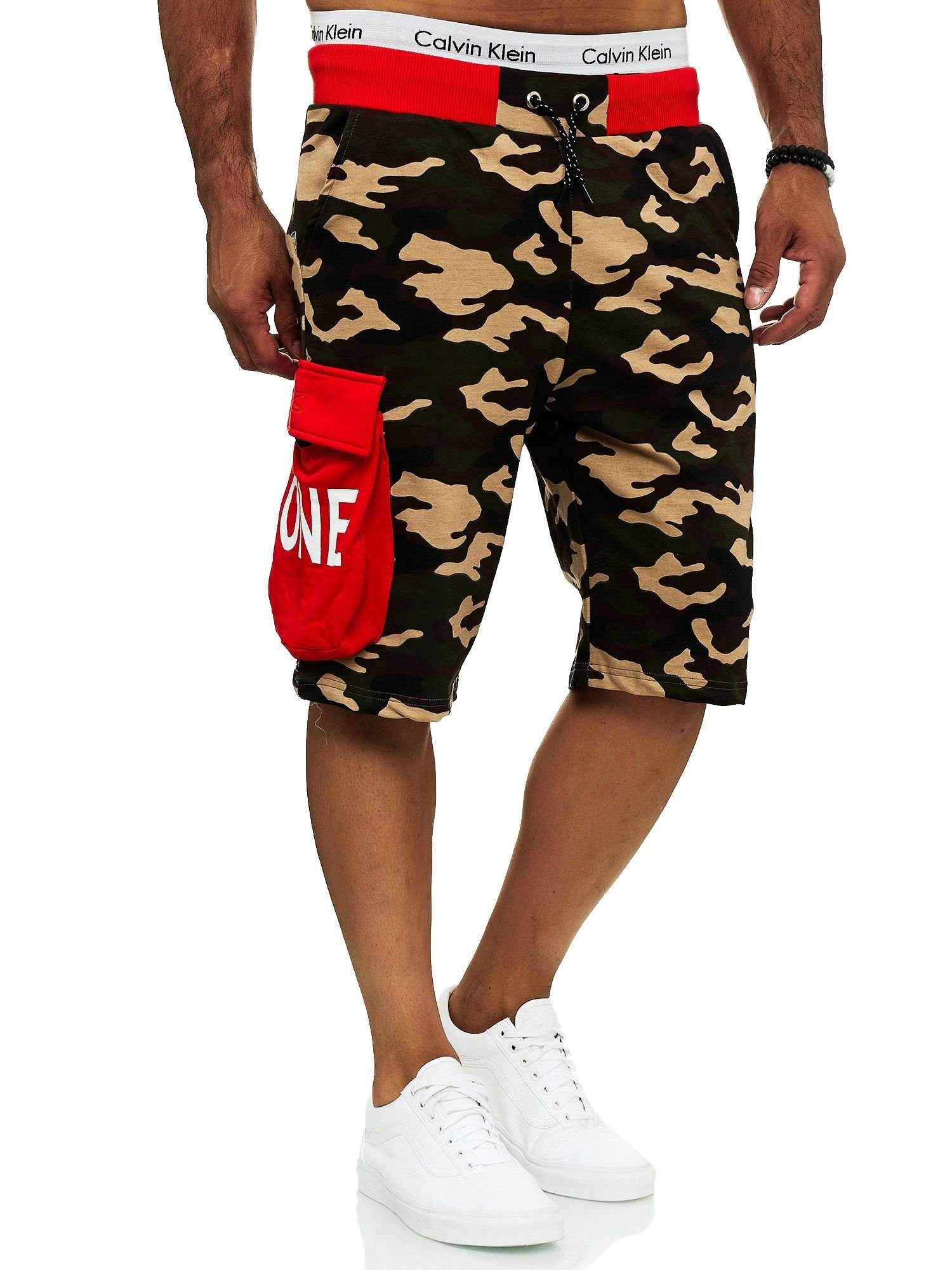 Sweatpants, im Freizeit Fitness modischem Shorts (Kurze 1-tlg., OneRedox 12141C Design) Hose Rot Bermudas Casual