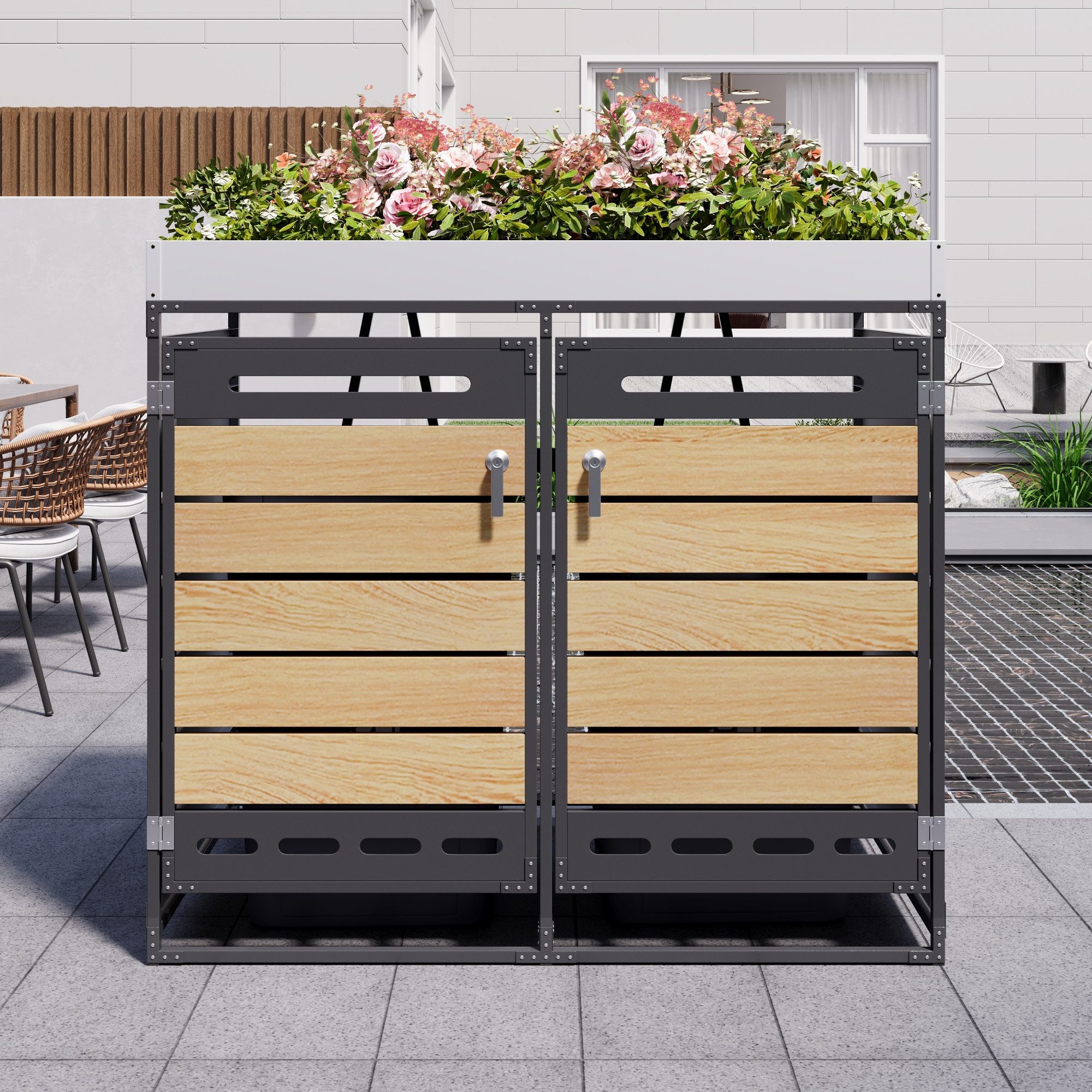 Flieks Mülltonnenbox, Mülltonnenschrank für 2 Tonnen 120–240L mit Pflanzkasten & Schloss