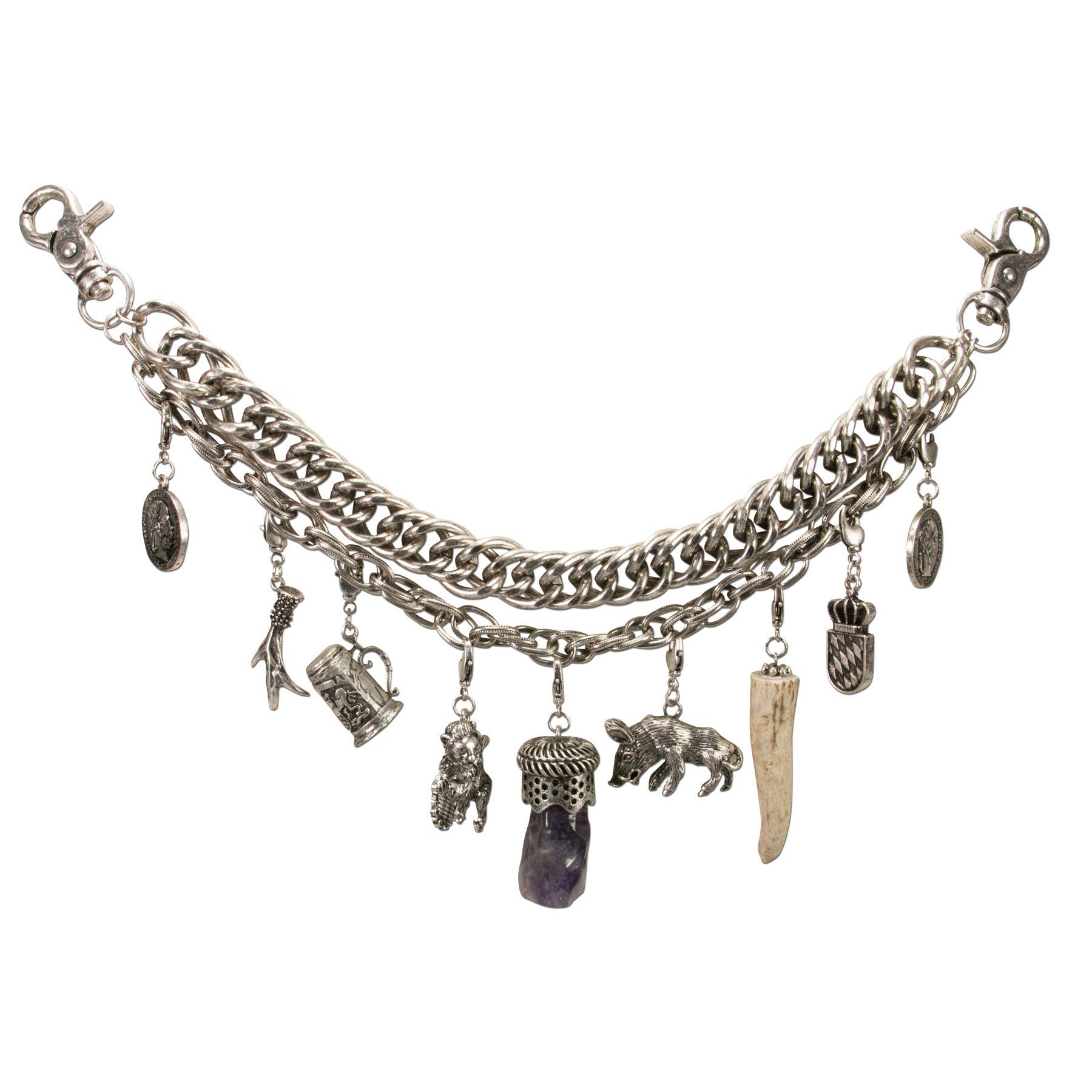 Alpenflüstern Kette mit Anhänger Trachten-Charivari Josef (antik-silber-farben), - Hochwertiger Herren-Trachtenschmuck mit Trophäen-Anhängern für die Lederhose, echtes Hirschhorn und Amethyst