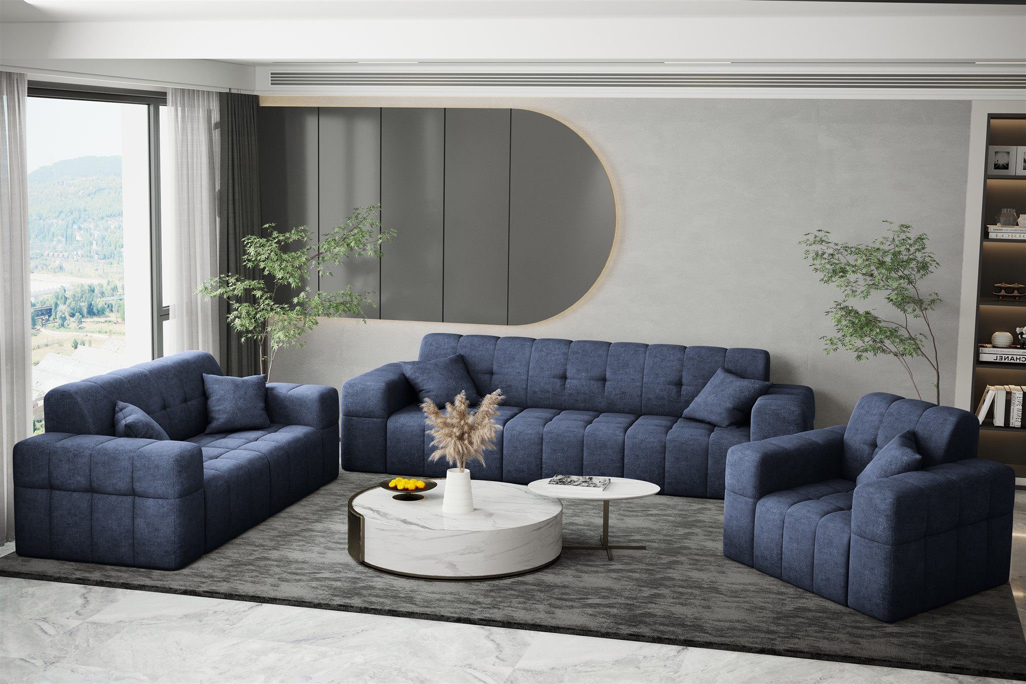 Möbel in Rundumbezug Sofa 2-Sitzer Harmony, Marineblau Sofa Designer-Sofa Stoff Fun NANCY