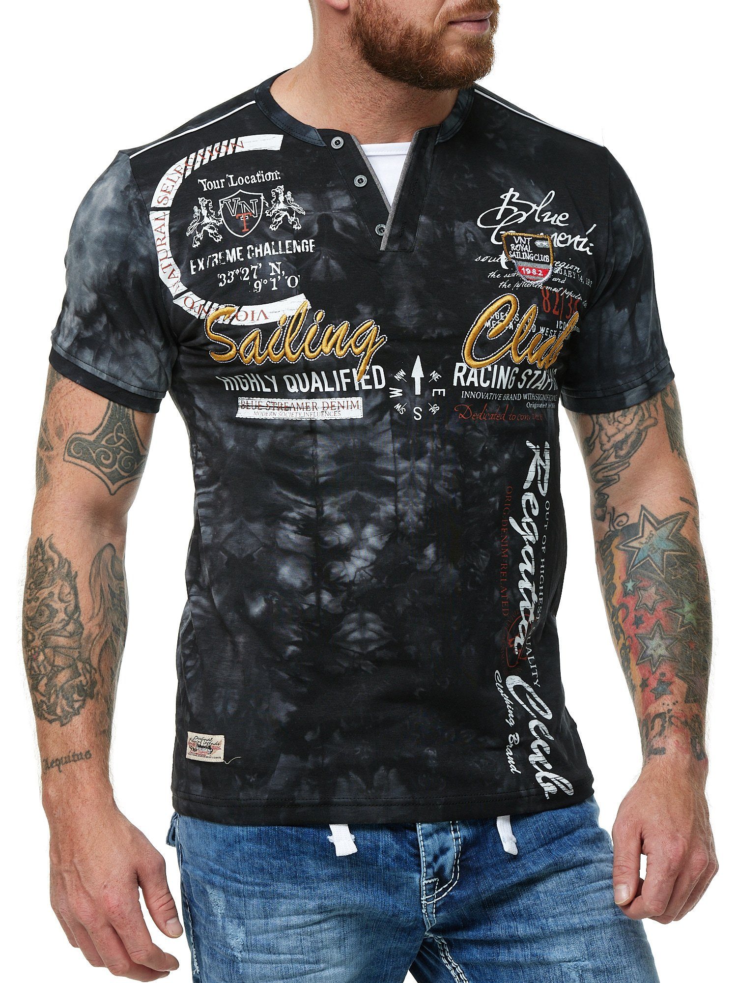 L.gonline Kurzarmshirt Herren T-Shirt mit Knopfleiste, Verwaschen kurzarm m günstig online kaufen