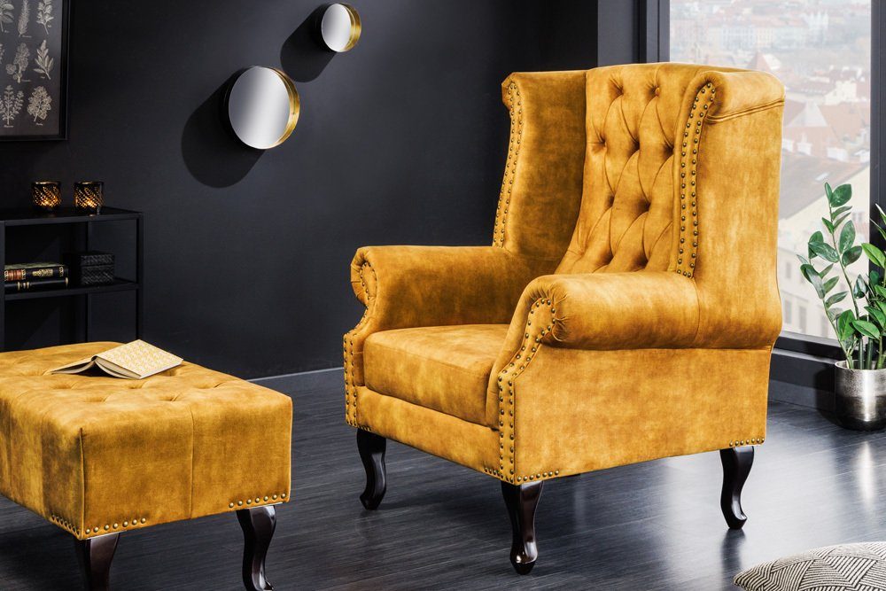 riess-ambiente Ohrensessel CHESTERFIELD 105cm senfgelb / dunkelbraun (Einzelartikel, 1-St), Wohnzimmer · Samt · Holz · Relax · Schlafzimmer