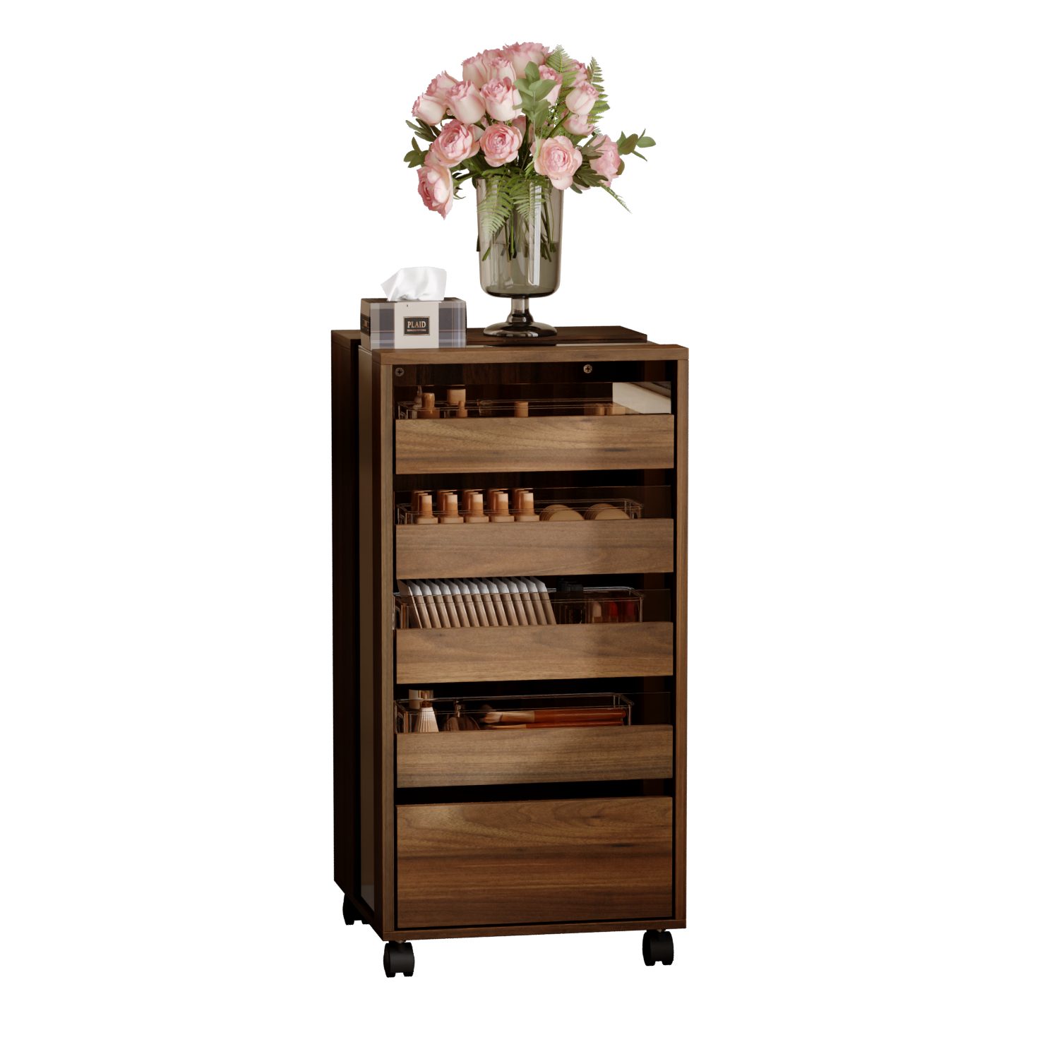 FUFU&GAGA Rollcontainer Rollcontainer mit Glas, walnussfarben, MDF & Glas, 40×40×81 cm