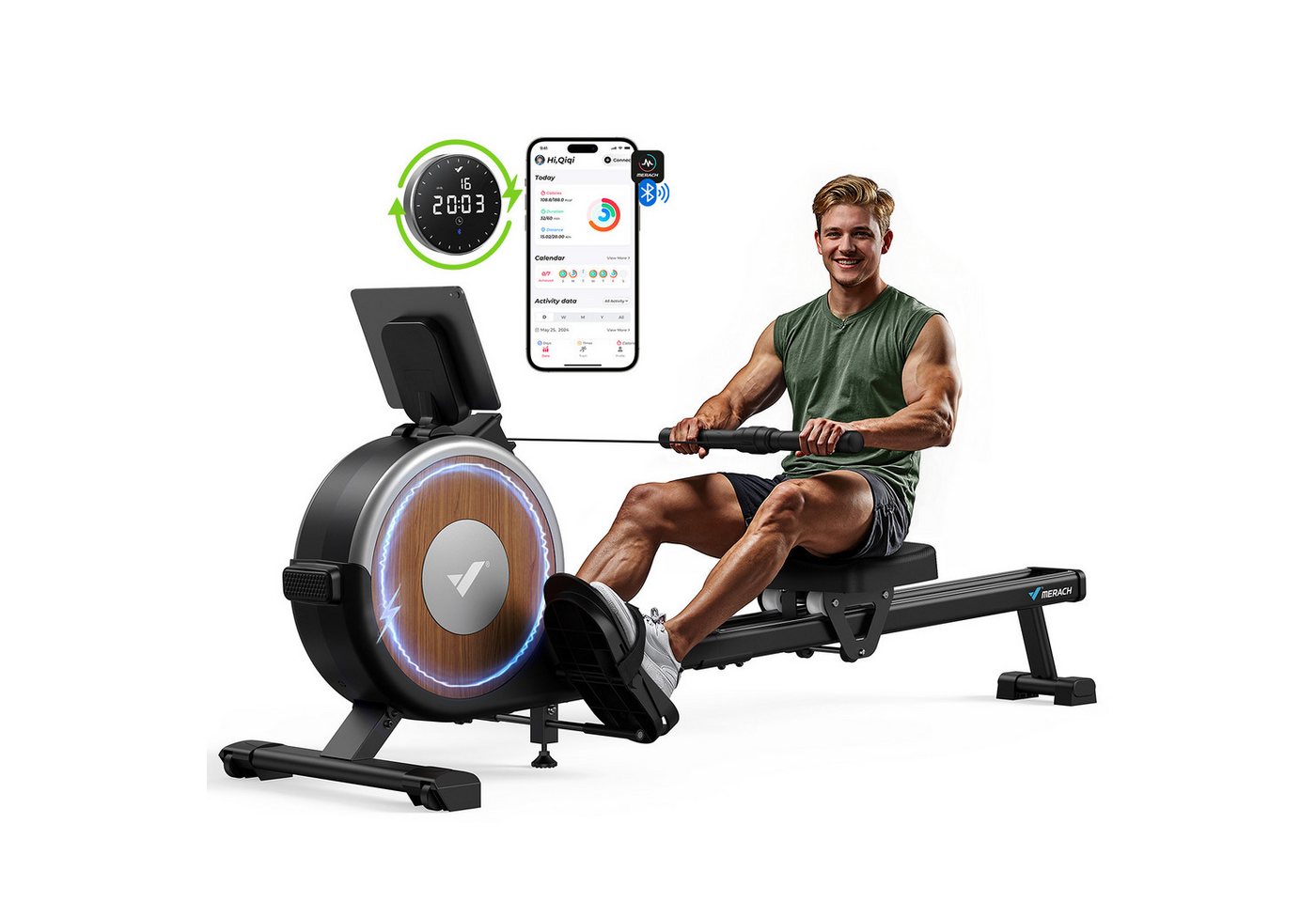 MERACH Rudermaschine Rudergeräte für zu Hause, Rudergerät mit Merach & Kinomap App (Selbstbetriebenes Power, 16 Widerstandsstufen, Bluetooth Monitor, Stabiles Doppelschienen-Design, 90 % vormontiert, Tablet-Halterung), Vertikale Lagerung, bis 158 kg Tragl