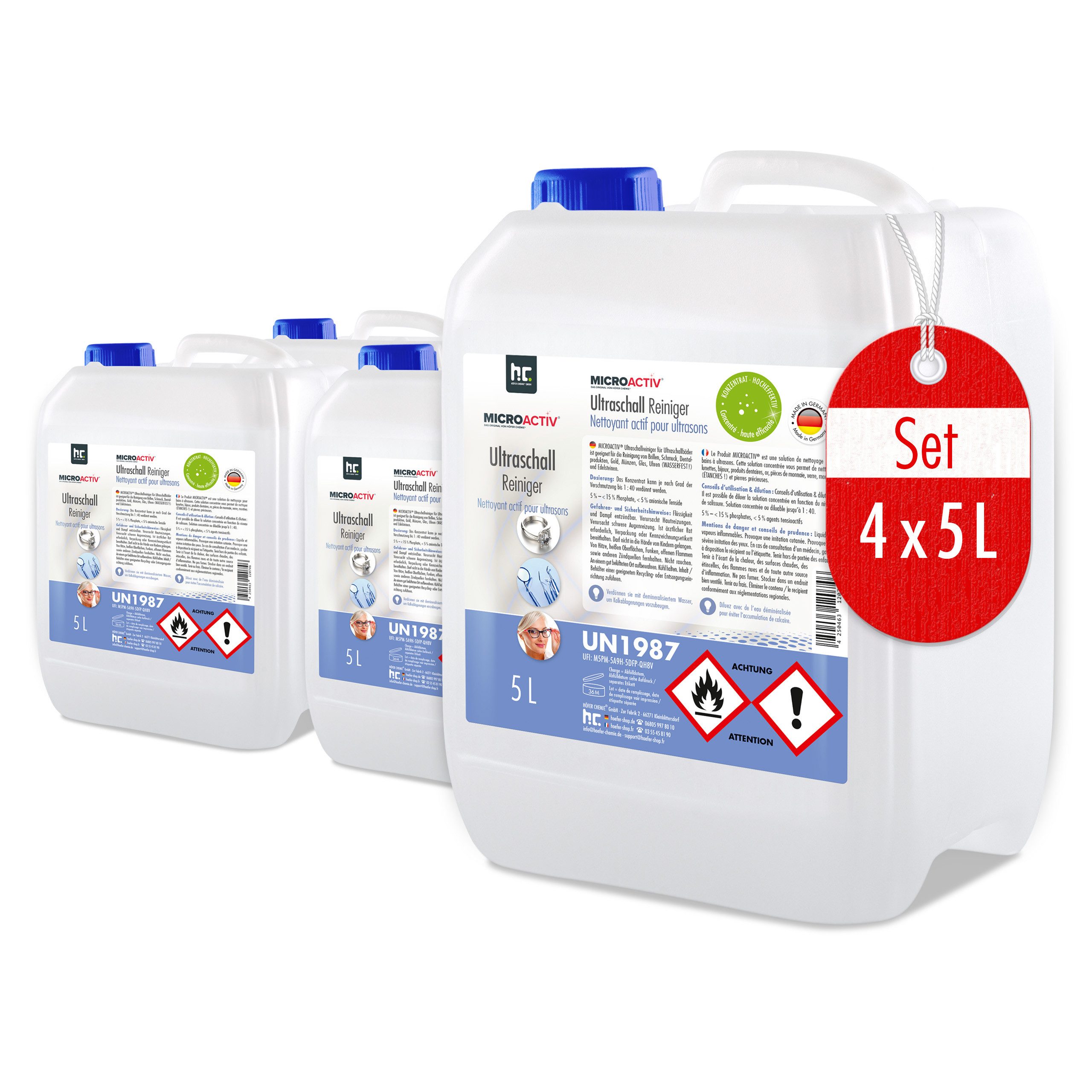 Höfer Chemie GmbH 4x 5 L Microactiv® Ultraschallreiniger für Ultraschallbad Grundreiniger (Gründliche Reinigung für empfindliche Geräte)