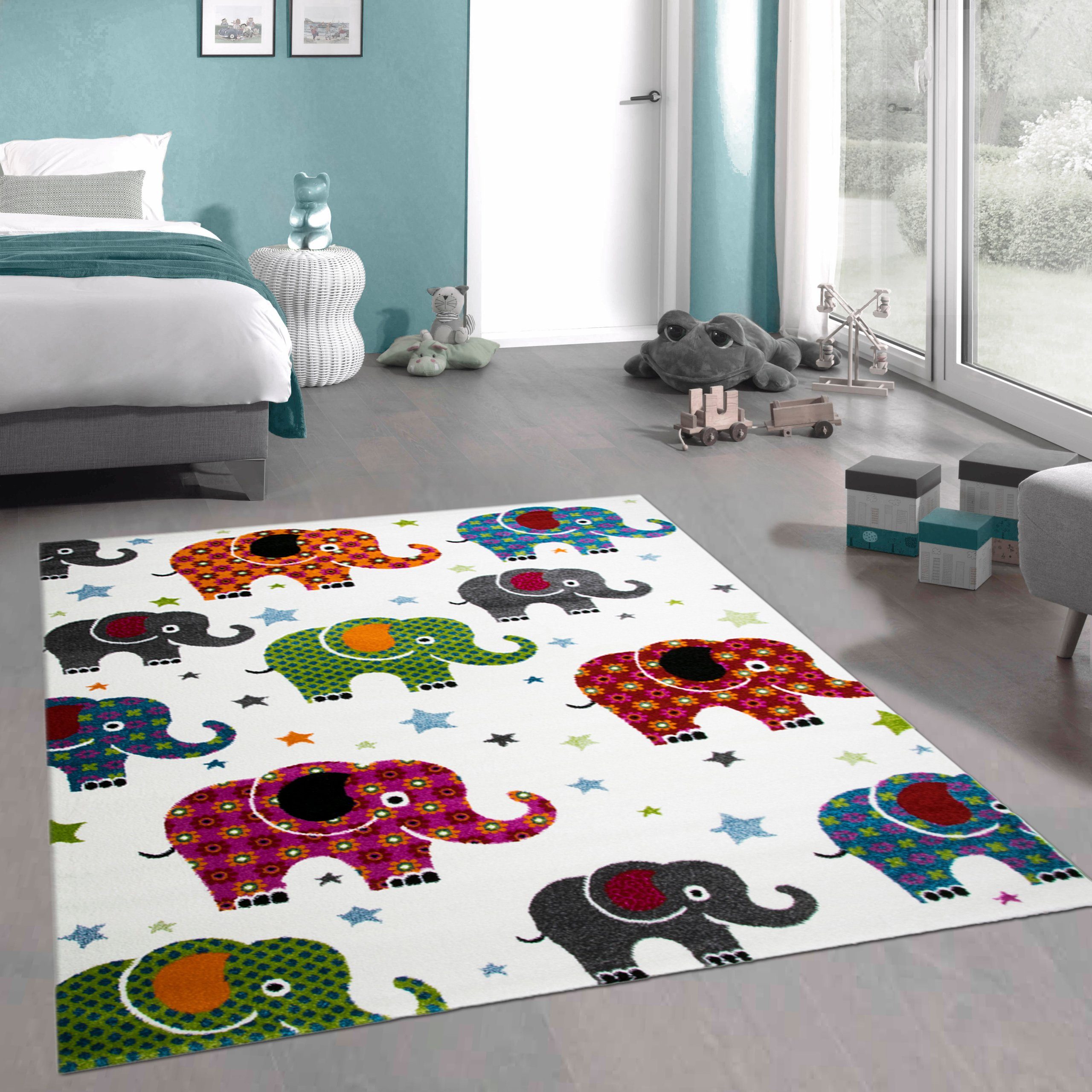Carpetia Kinderteppich Kinderzimmer-Teppich, bunte Elefanten & Sterne, in creme, rechteckig, Höhe: 9 mm