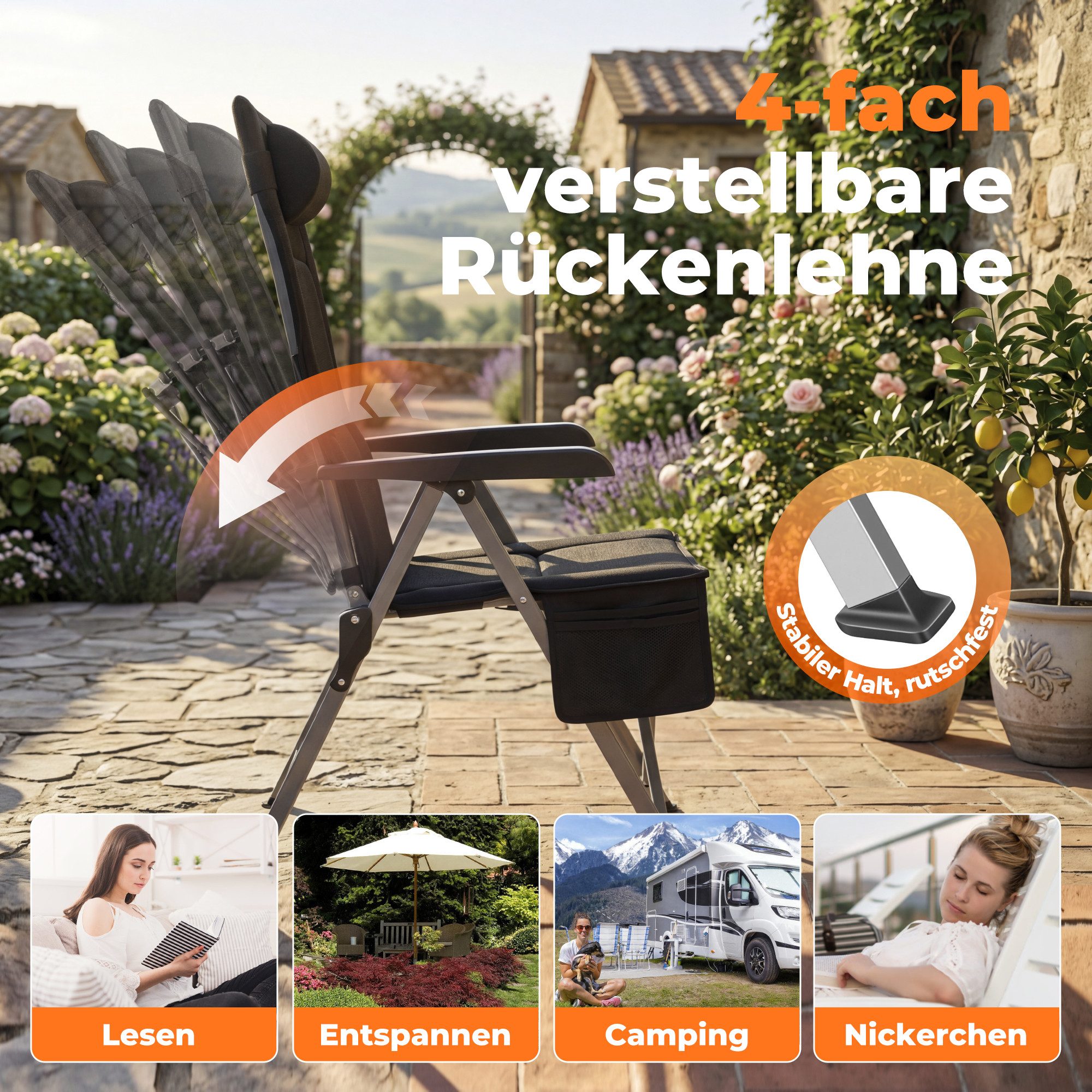 HOMECALL Campingstuhl Faltbar Hochlehner Luxus Klappstuhl mit 4,5cm Dicke Gepolstert (1 St), für Garten Balkon Wohnmobil