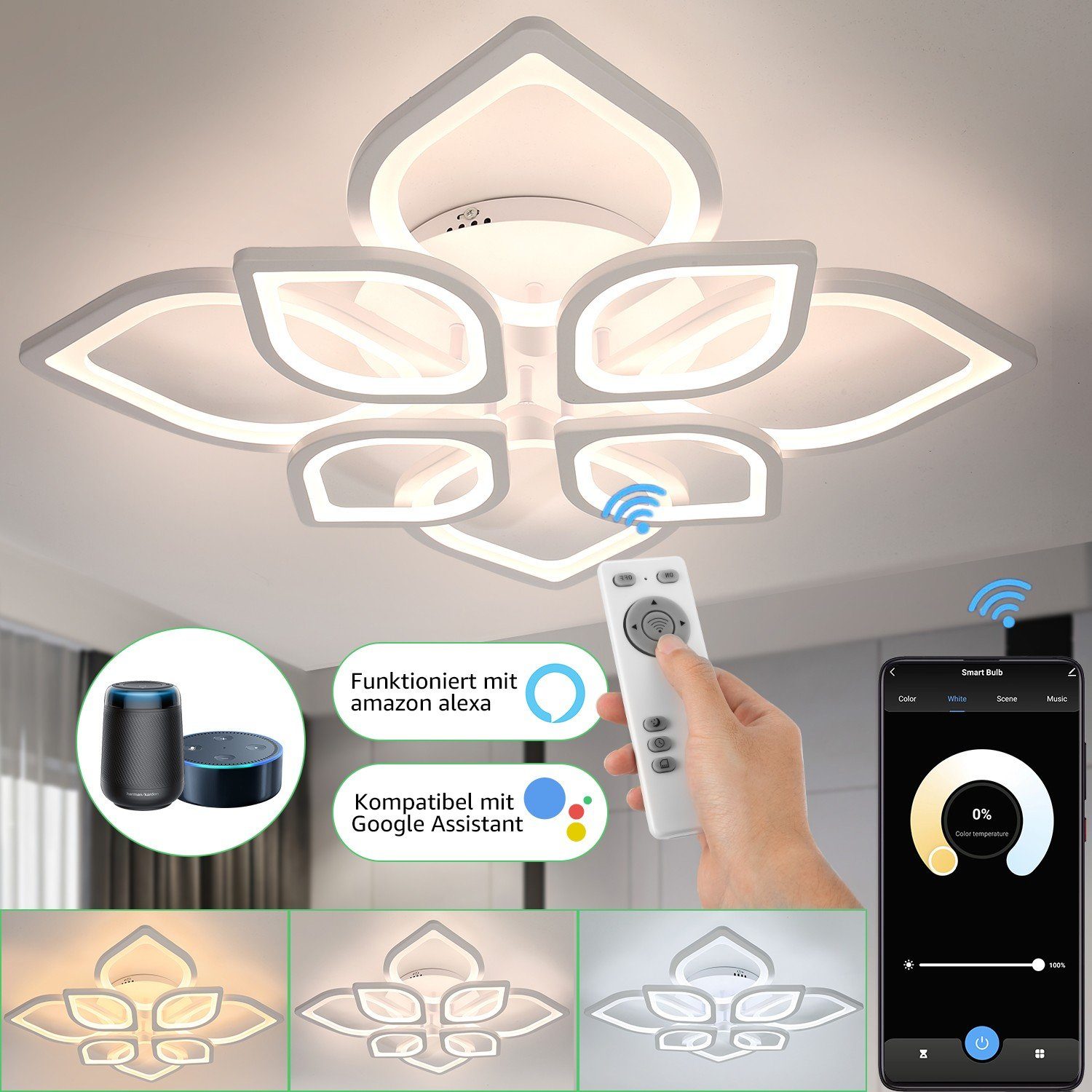 LETGOSPT Deckenleuchte LED Deckenleuchte Dimmbar,Wohnzimmerlampe mit APP und WIFI-steuerung, kaltweiß, neutralweiß, warmweiß, 80W moderne Deckenbeleuchtung für Alexa und Google-Assistant