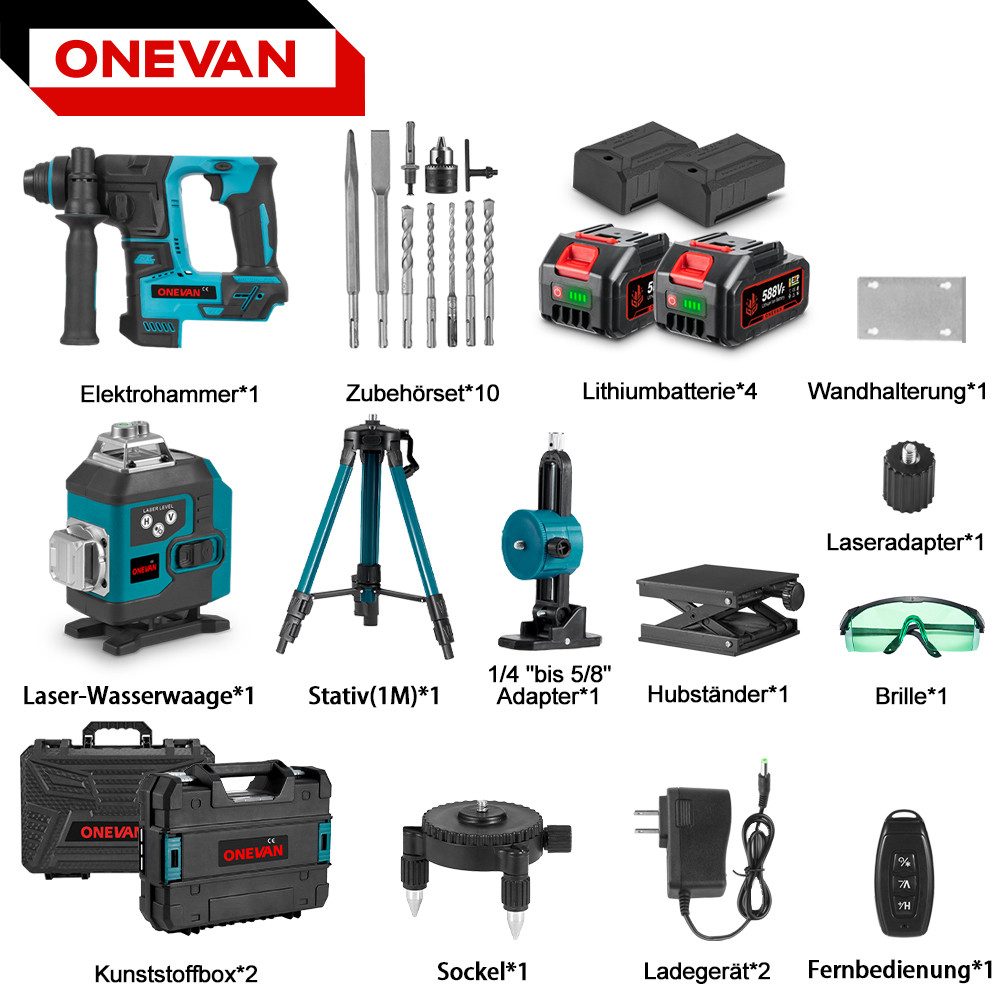 ONEVAN Laserwasserwaage Akku-Bohrhamme Set mit 4x günstig online kaufen