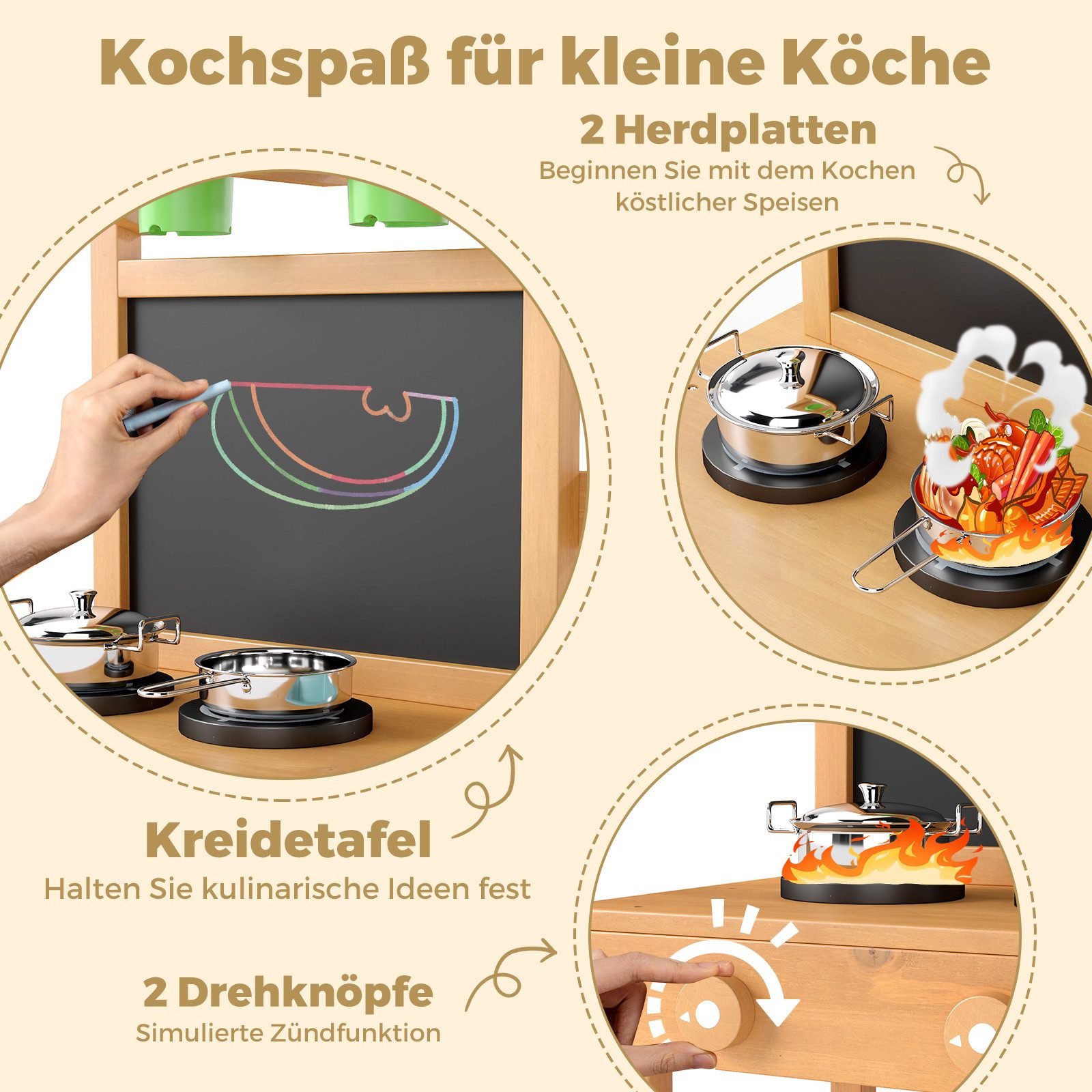 COSTWAY Outdoor-Spielküche Holz, Mit herausnehmbaren Spülen, Blumentöpfen, Pflanzzubehör