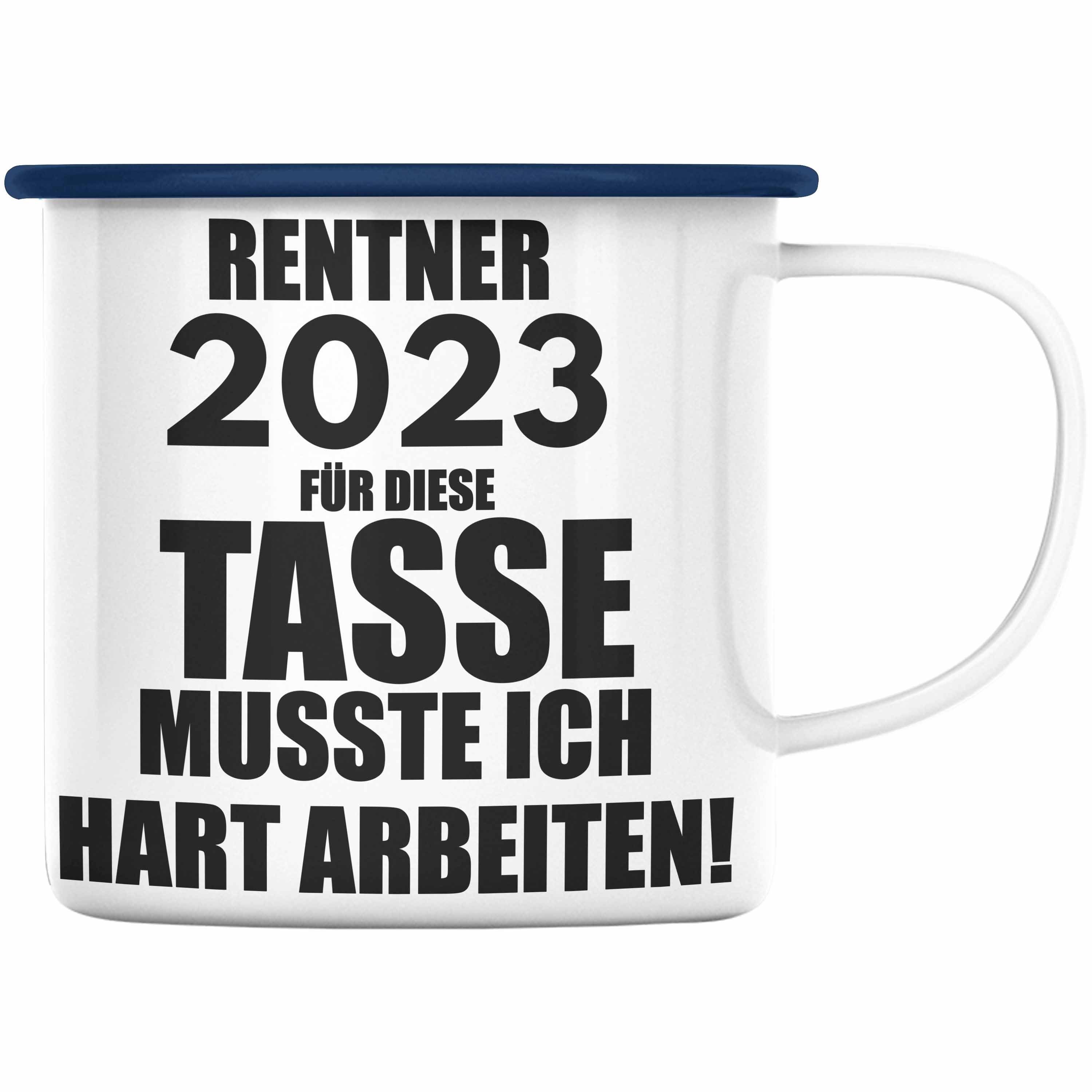 Trendation Thermotasse Trendation - Rente Emaille Tasse 2023 Spruch Ruhestand Rentner Blau