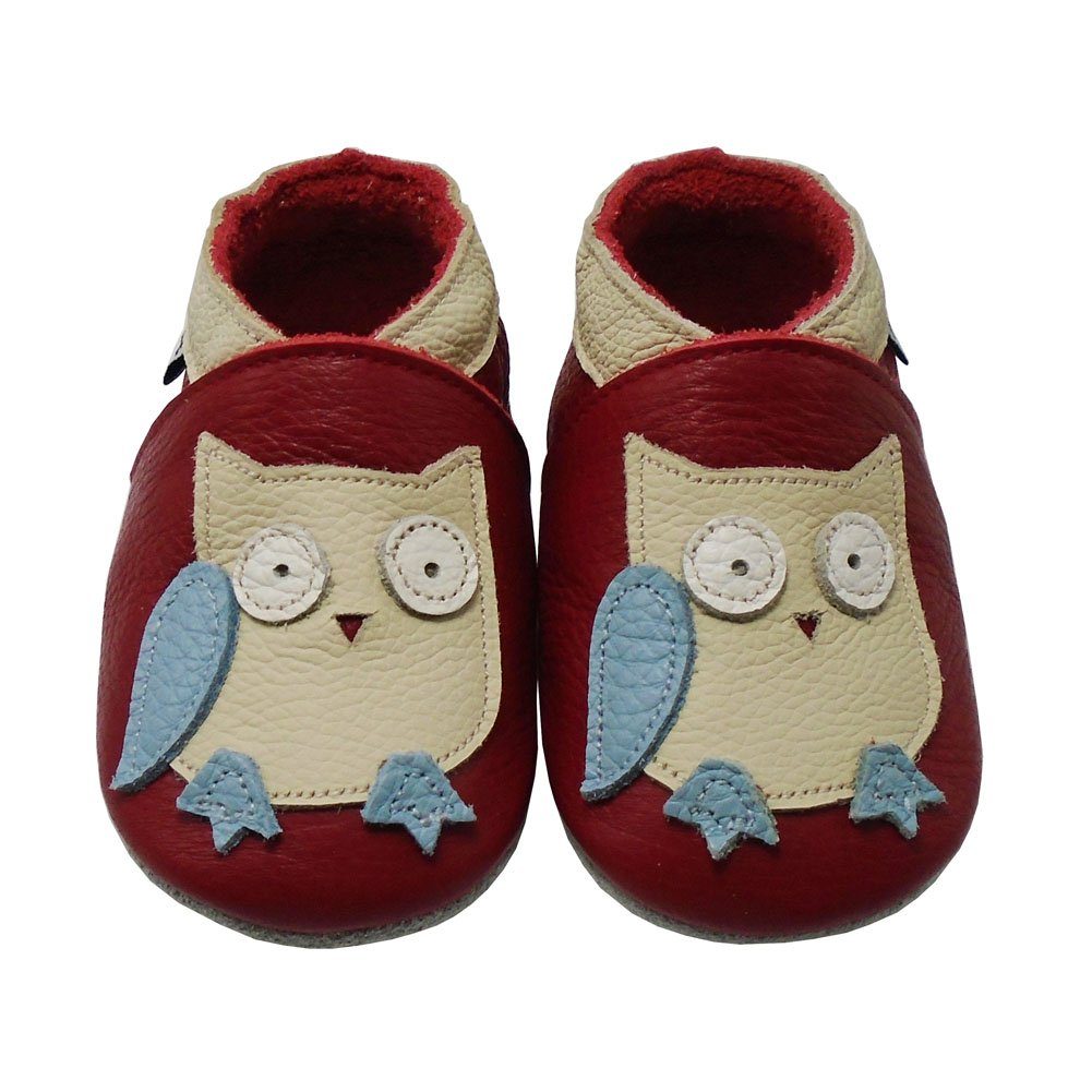 Weiche Leder Lauflernschuhe Hausschuhe 100% Lederpuschen Eule Rot Krabbelschuh