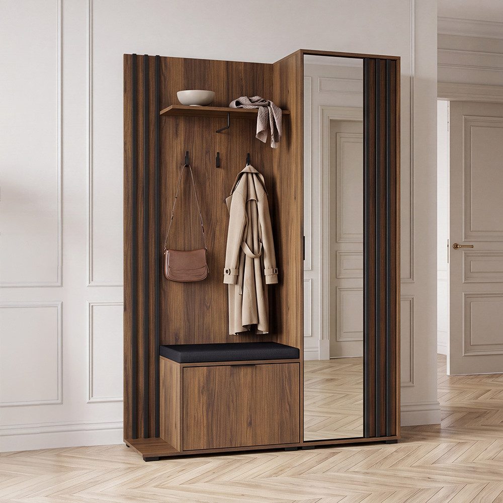 Lomadox Garderobe NAMUR-160, in Walnuss, 131 cm breit, mit schwarzen Lamellen