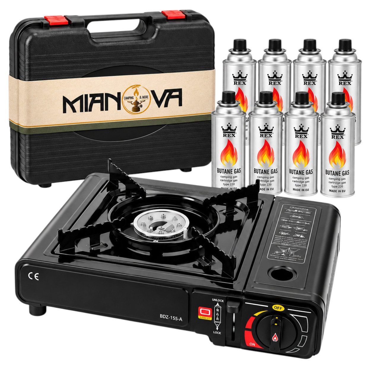 Mianova Camping-Gasgrill Gaskocher 1-flammig Piezozündung Stufenlose Flammenregulierung, Mit 8 Gaskartuschen Transportkoffer für Camping Outdoor und Stromausfall, 10-tlg, Praktischer Notkocher für Garten Balkon und Terrasse