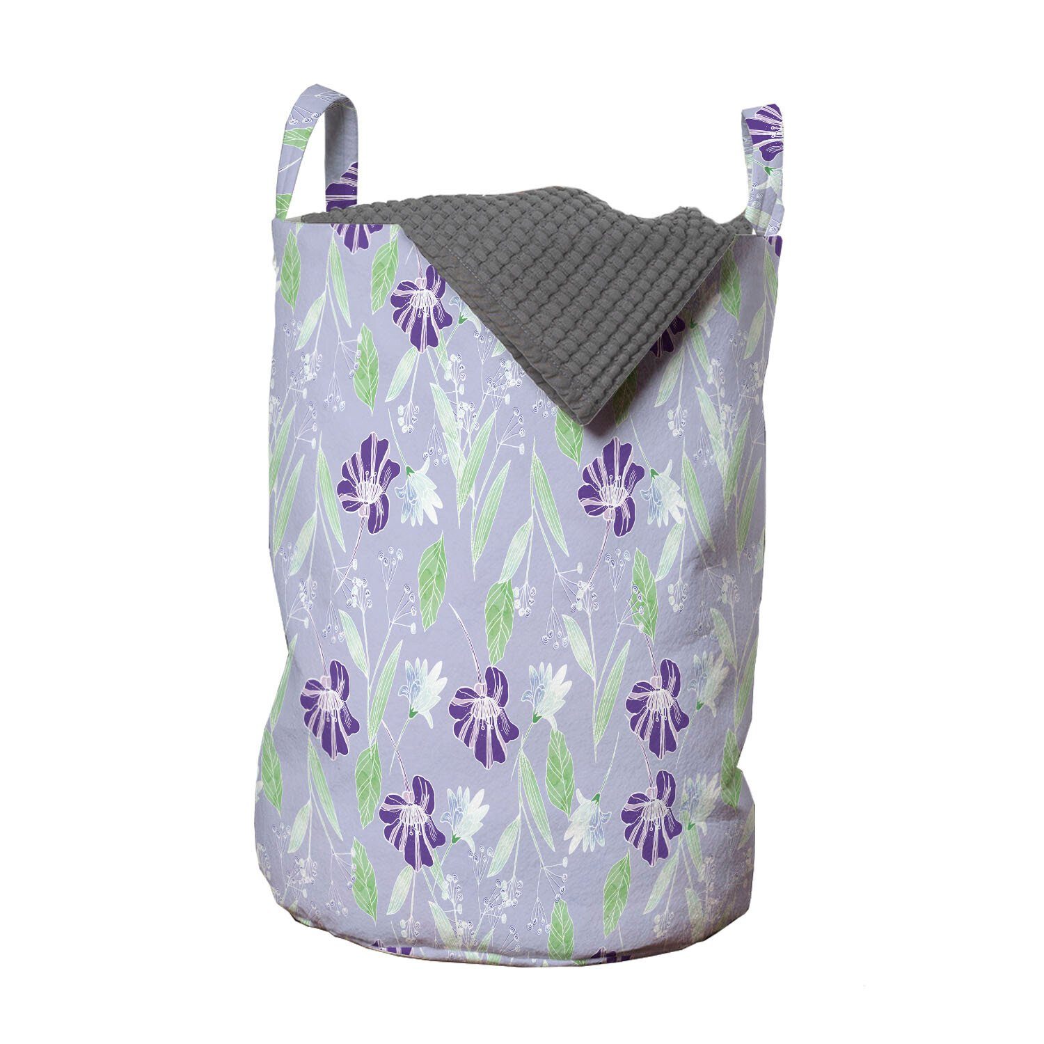 Abakuhaus Wäschesäckchen Wäschekorb mit Griffen Kordelzugverschluss für Waschsalons, Blumen Lila Blüten Sketch Stil