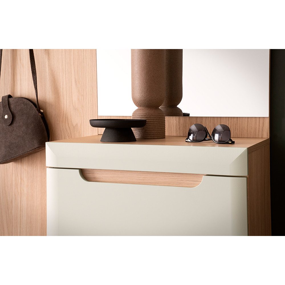 Lomadox Garderoben-Set STOCKTON-61, (Spar-Set, 3-St., Garderobe Highboard), in grün mit Eiche Nb., 3-teilig, Platz für 4 Paar Schuhe