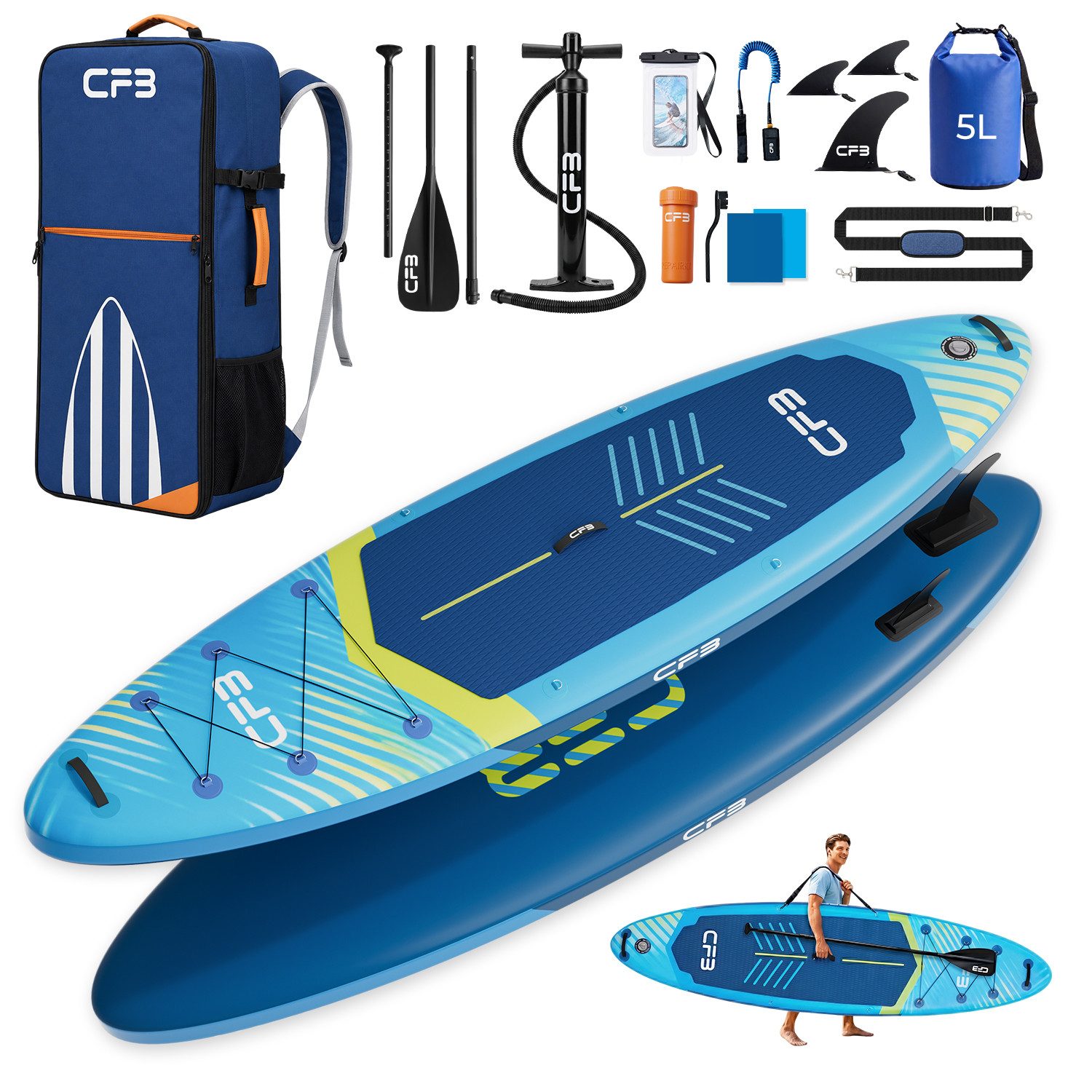 CFB SUP-Board Set 320x84x15 cm, Bis zu 160 kg, extra breites iSUP, aufblasbares Stand Up Paddle Board, (großes EVA-Deckpad, SUP Komplett-Set, 12 tlg., mit Paddel, Pumpe, Rucksack, Drybag, Handyhülle & Schultergurt), Surfboard, Paddelboard mit 3-Finnen-System für Anfänger und Erwachsene