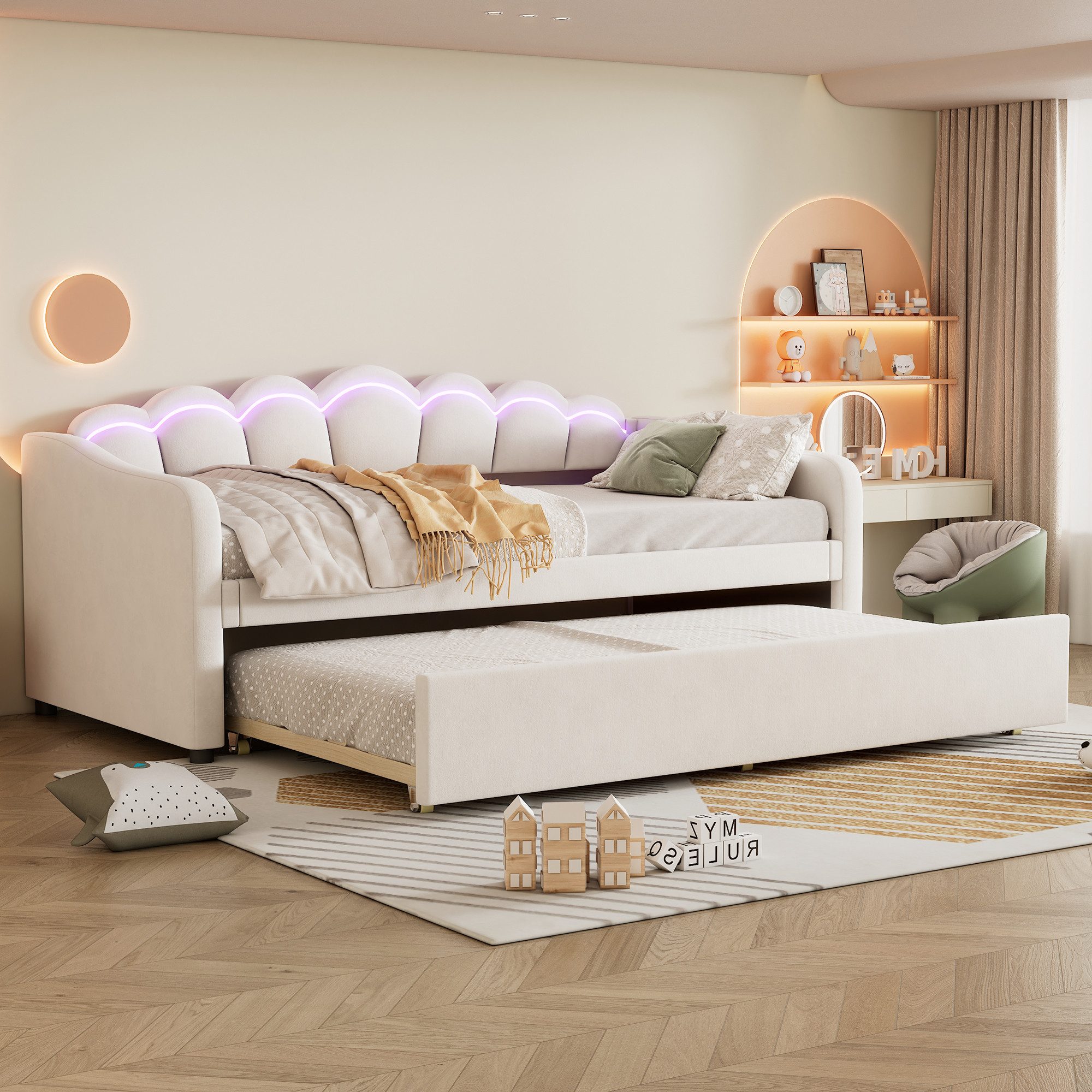 Merax Daybett 90x200cm mit Ausziehbett 90x190cm (1 tlg), Samt Polsterbett Schlafsofa Kinderbett Tagesbett mit LED-Streifen