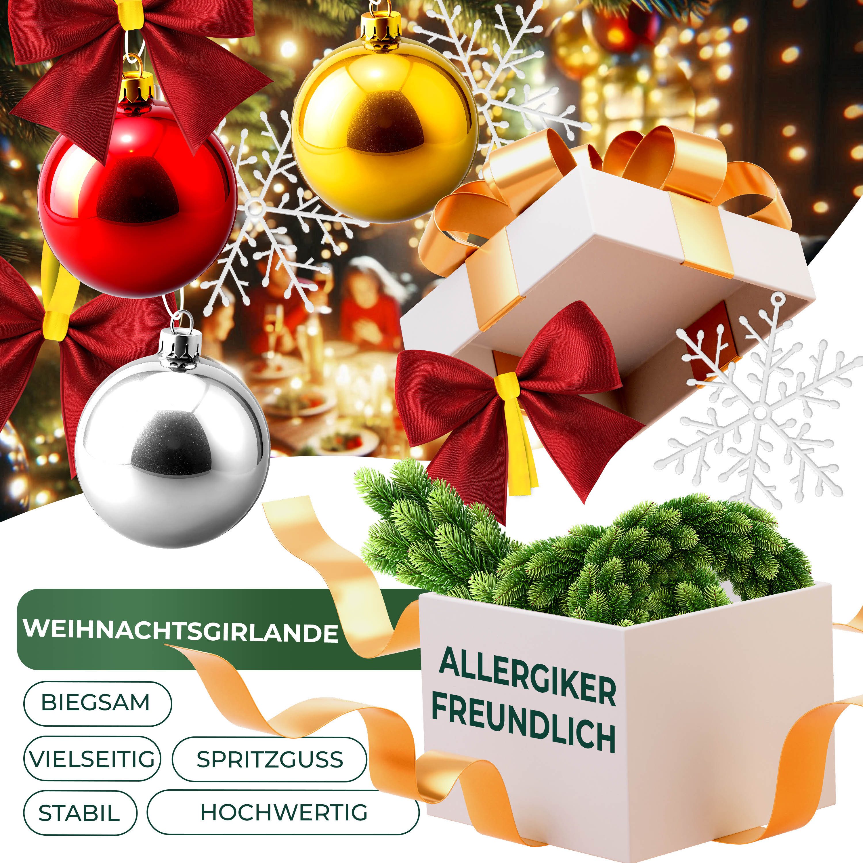 Kunstgirlande Weihnachtsgirlande 2,7m naturgetreue Girlande Weihnachtsdeko, KESSER, Tannengirlande für Treppen, Tür, Balkon inklusive Aufbewahrungstasche