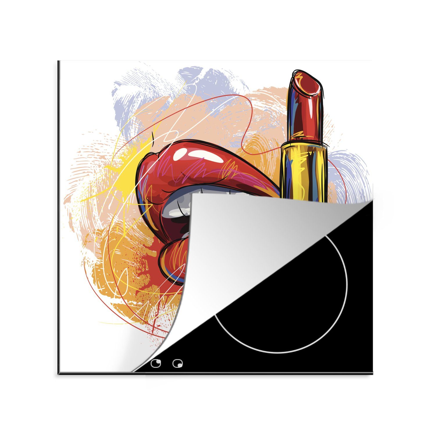 MuchoWow Herdblende-/Abdeckplatte Eine Illustration eines Paares roter Lippen mit Lippenstift, Vinyl, (1 tlg), 78x78 cm, Ceranfeldabdeckung, Arbeitsplatte für küche