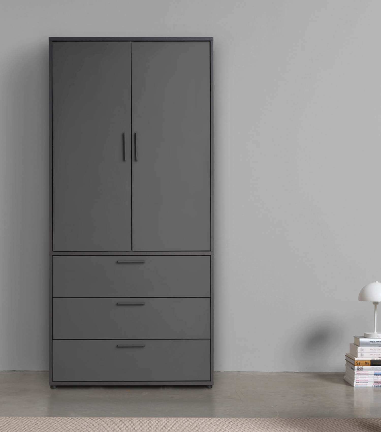 mokebo Kleiderschrank Grid (2-Türig & 3 Schubladen) Garderobenschrank, Schlafzimmerschrank oder Schrank klein in Schwarz
